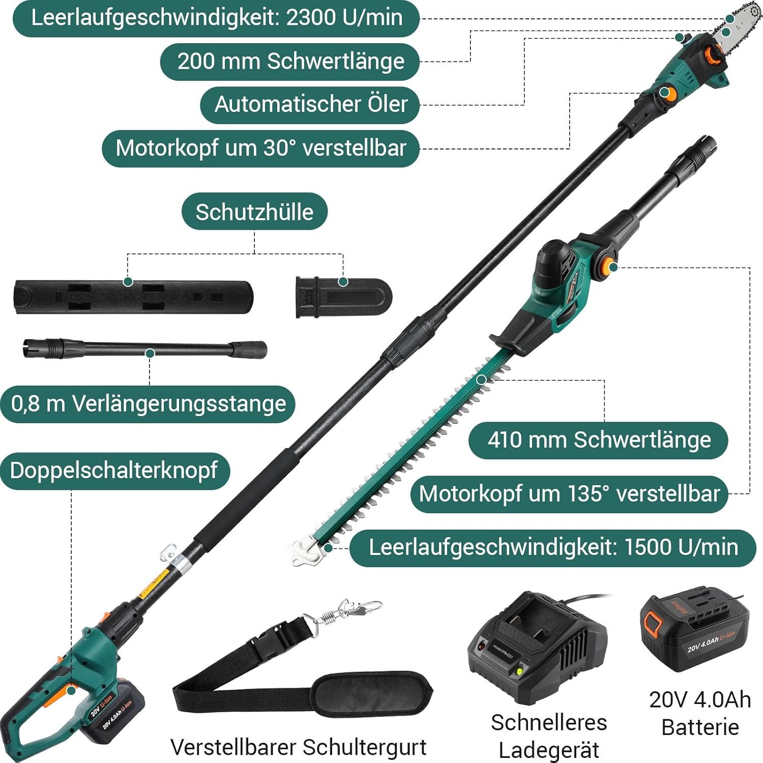 TLGREEN Akku-Heckenschere,2-in-1 Hochentaster Heckenschere, bis 3,00 m Arbeitshöhe, (Verstellbarer Schnittwinkel, Arbeitshöhe über 3m), Kettensäge mit Akku 4000mAh, Kabellose Astschere Profi