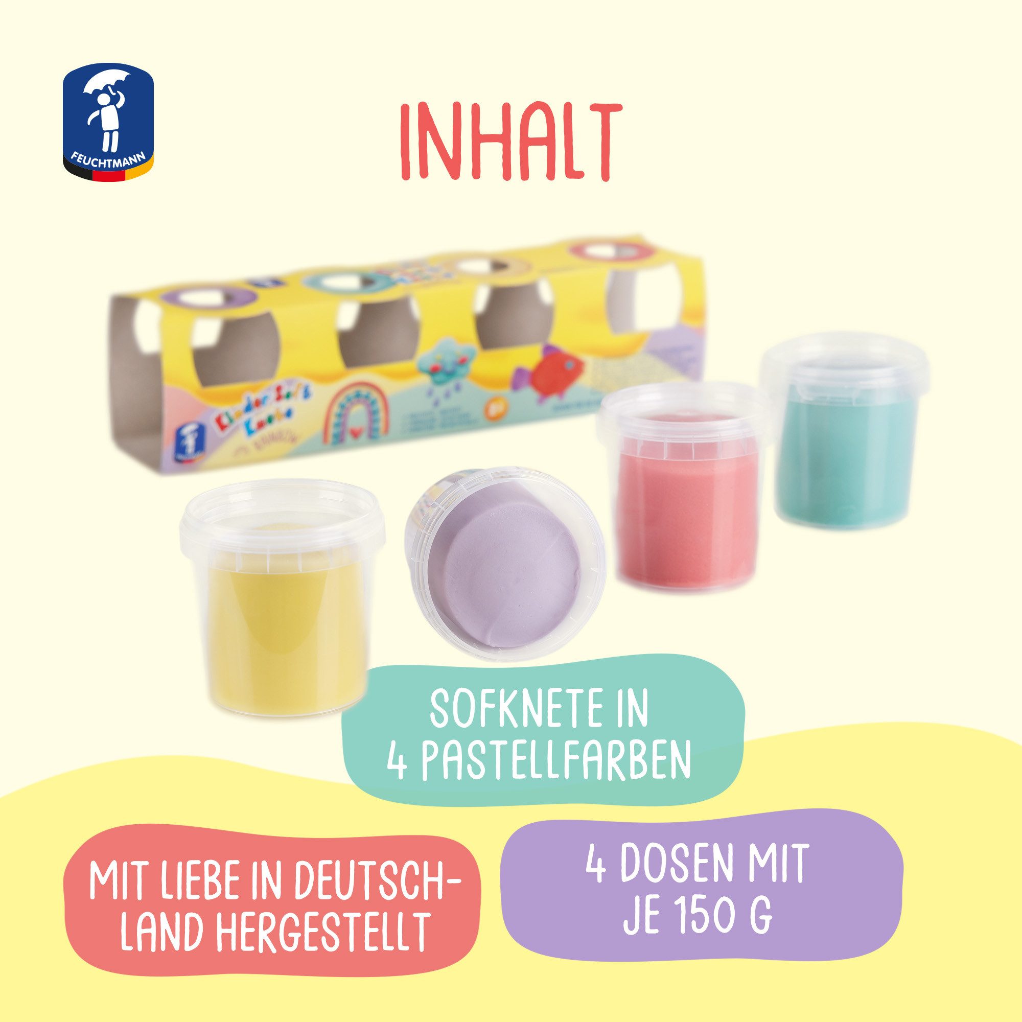 Feuchtmann Knete KINDER SOFT KNETE Rainbow (1-tlg), 4 x 150g weiche Kinderknete in praktischen Dosen