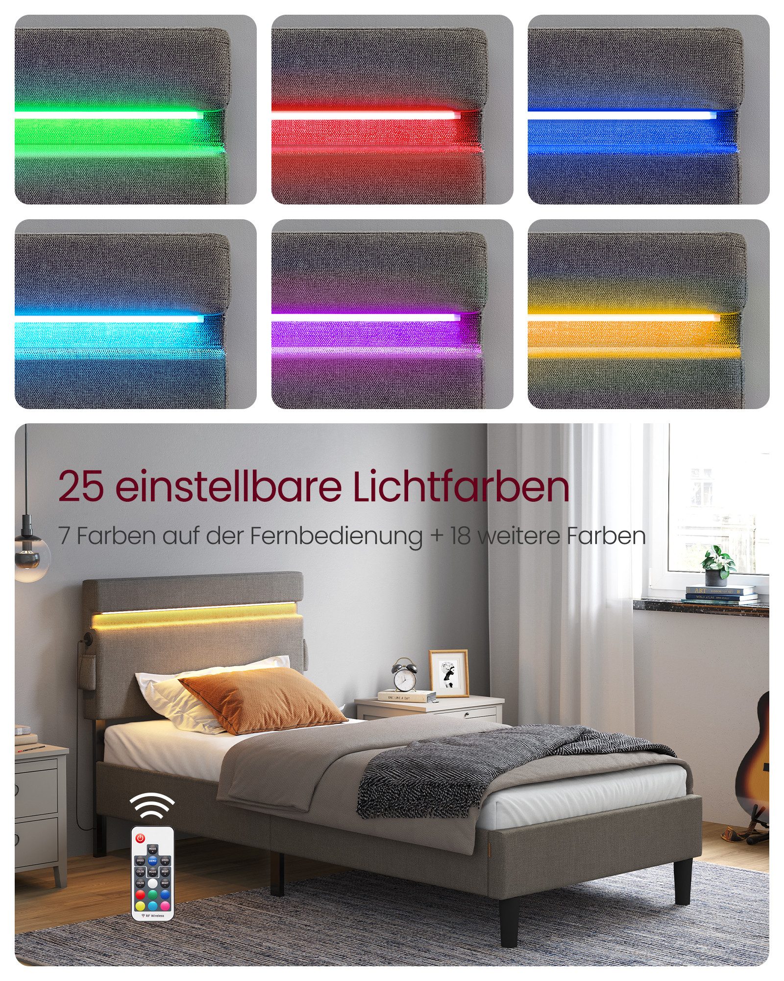 VASAGLE Polsterbett (90 x 190 cm), mit Kopfteil, LED, mit 2 Ladeanschlüsse günstig online kaufen