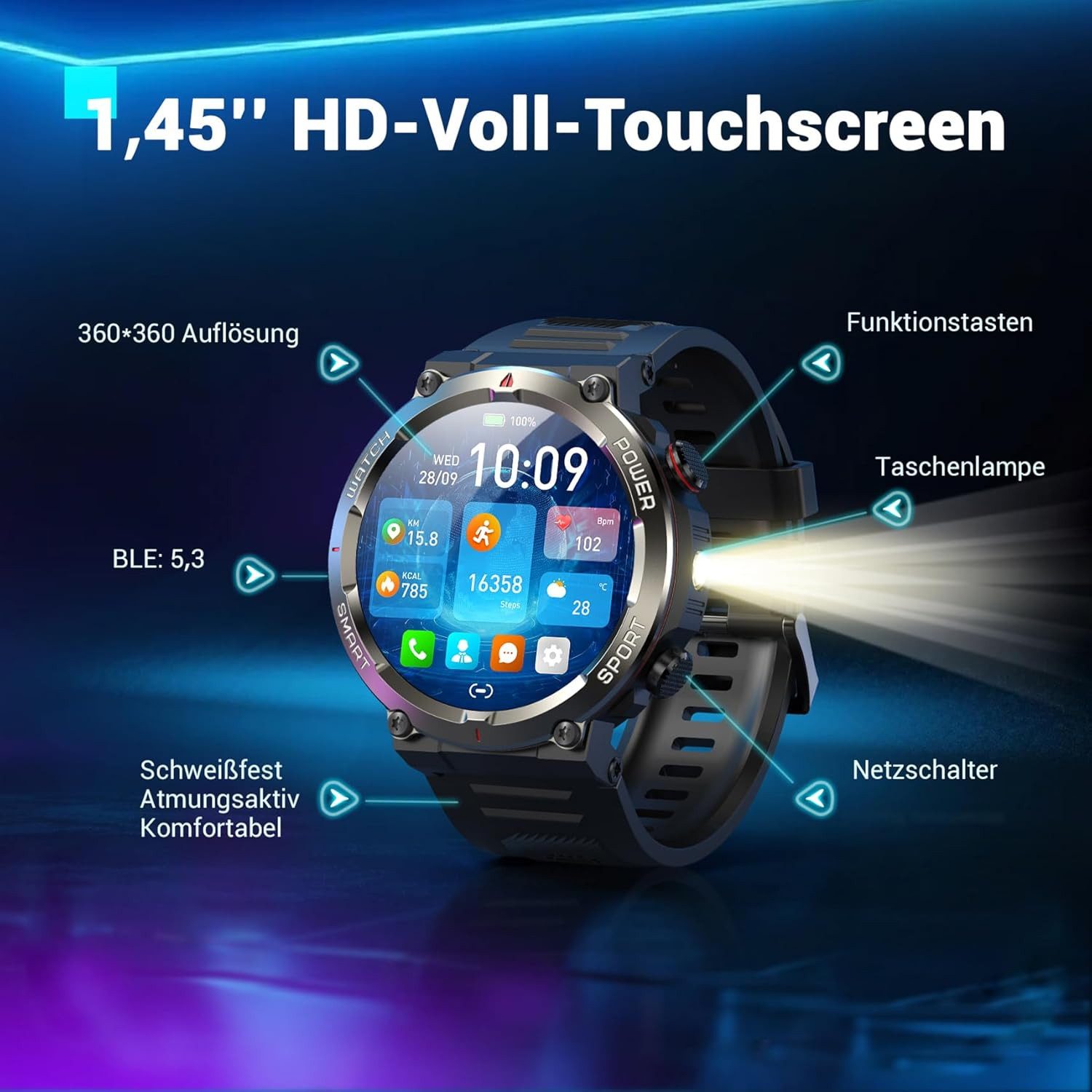 IOWODO 2026 SMARTWATCH HERREN – WASSER-,STAUB- & STOßFEST,30Tage Akkulaufzeit Smartwatch Set, mit Wechselband aus weichemSilikon und Ladekabel, 14,5",960 mAh,Kompass,LED-Taschenlampe,Anrufe tätigen & empfangen,IP68