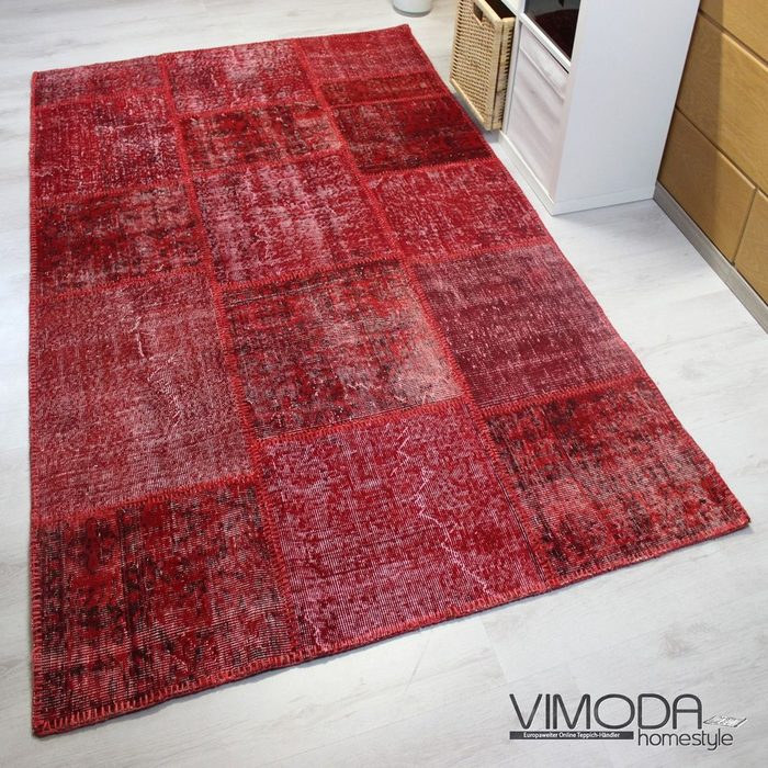 Teppich Hochwertiger VINTAGE Patchwork Teppich Original Handgeknüpft Wollteppich in Rot; 160 cm x 230 cm - P001 Vimoda Rechteckig