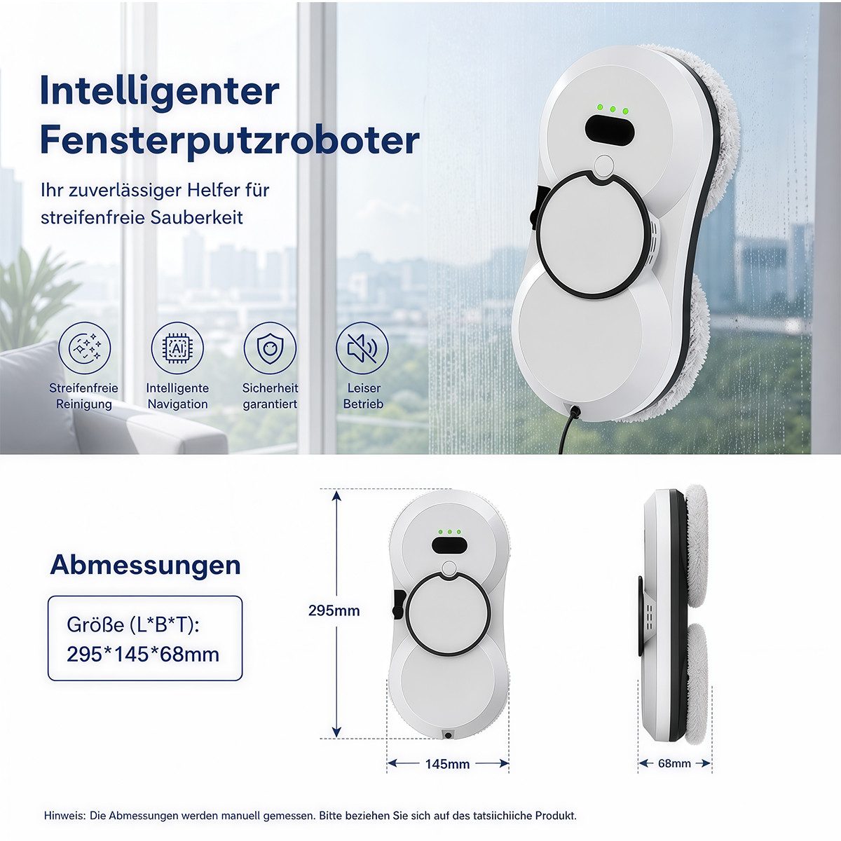 Rhein Beleuchtung Fensterputzroboter Fensterputzroboter – Automatischer Fensterreiniger, (1-St., Set, 2800 Pa Saugkraft, Für Fenster, Glas & schwer zugängliche Flächen) USV-Schutz, Wassersprühfunktion & intelligente Pfadplanung