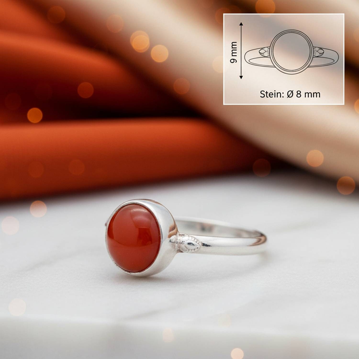 mantraroma Silberring HANA aus 925 Silber mit Karneol (Ring mit Schmuckbeutel), Damenring aus 925er Silber