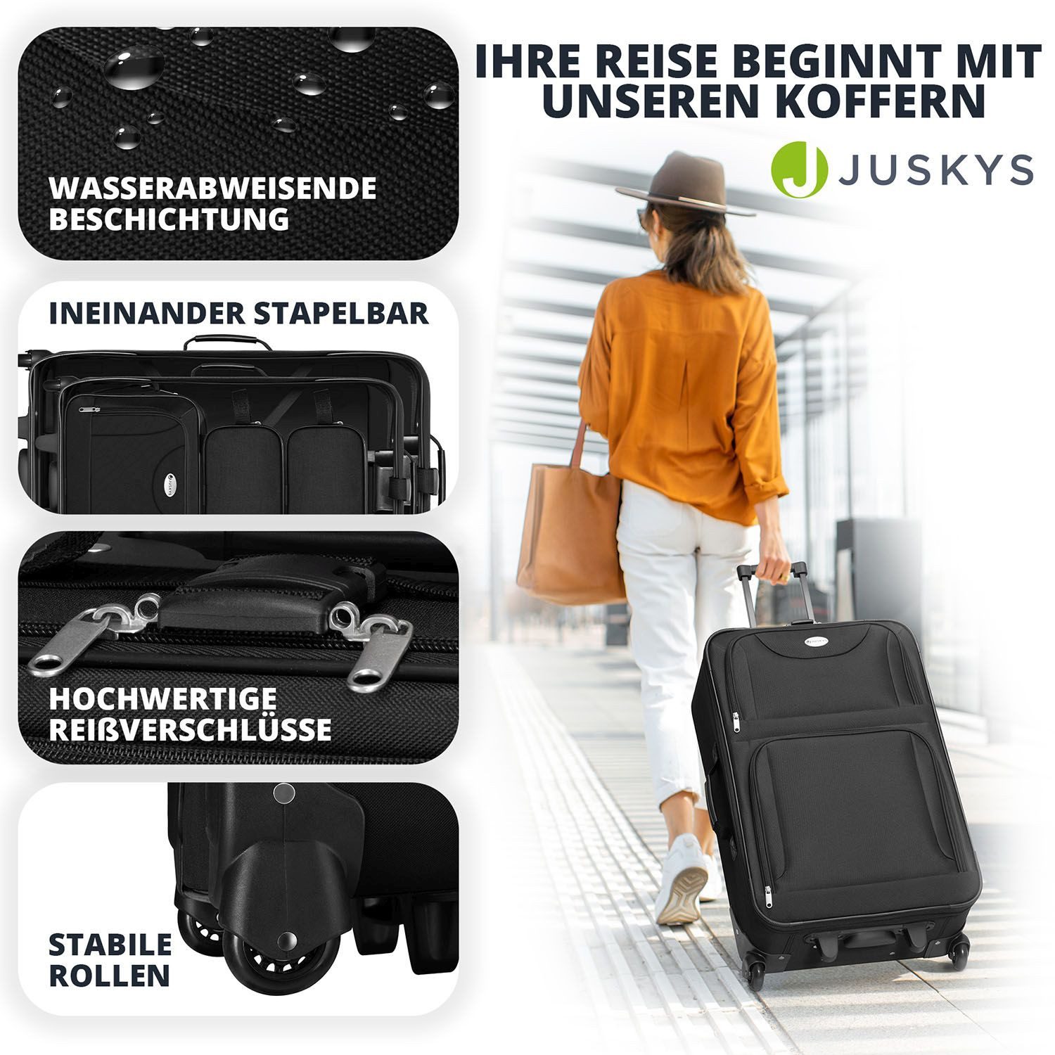Juskys Trolleyset Athen, 2 Rollen, (5-teilig), 2 Trolley, 1 Umhängetasche, 2 Kosmetiktaschen
