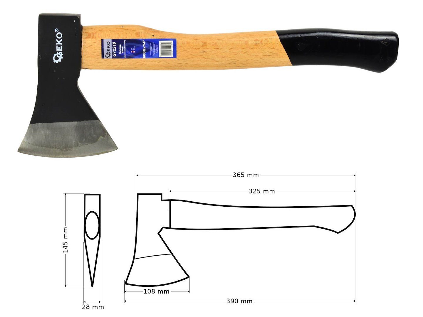 GEKO Axt Universalaxt mit Holzgriff 600 g / 800 g / 1000 g, 600 g, Gehärteter Kohlenstoffstahl, Rutschhemmender Holzgriff