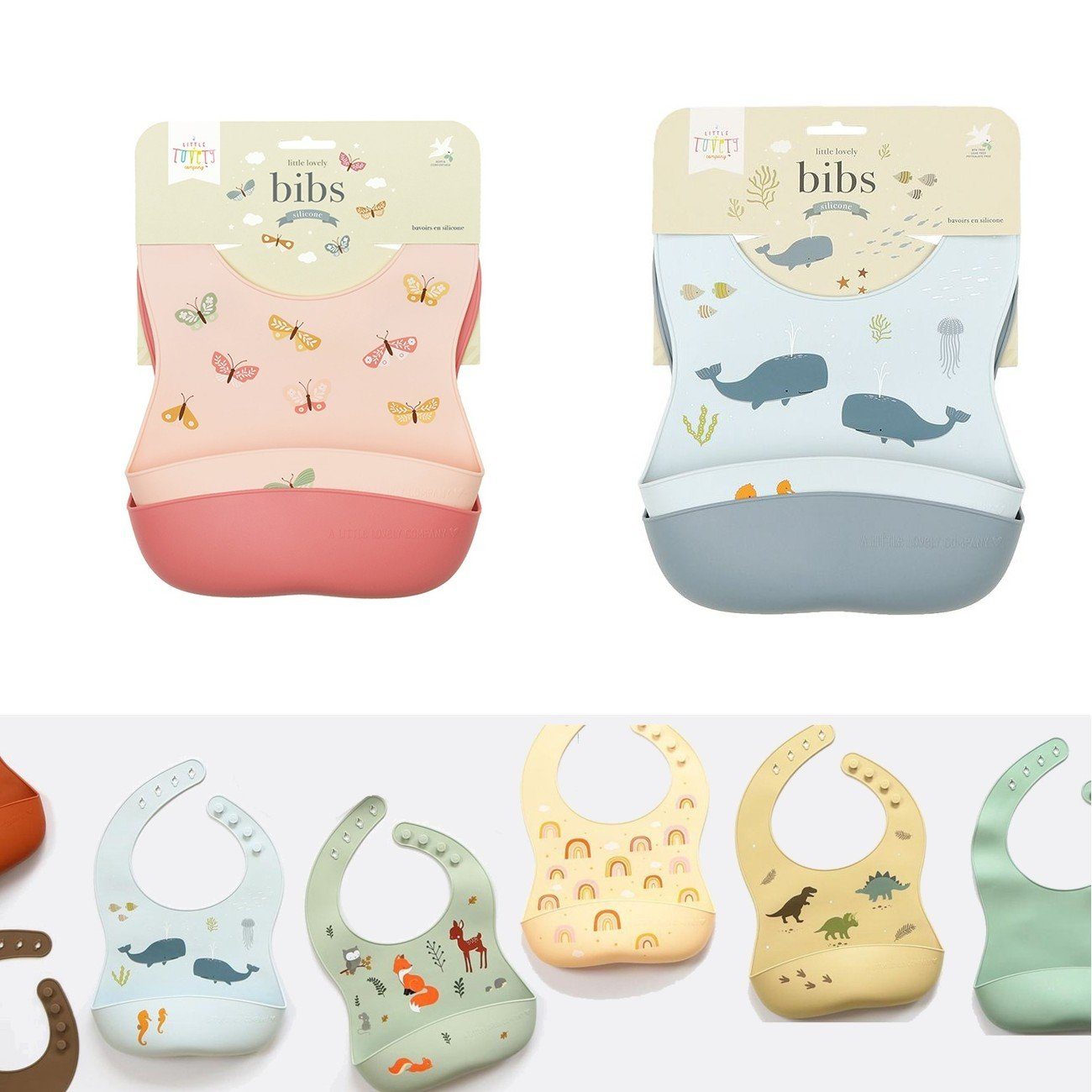 A Little Lovely Company Lätzchen aus Silikon mit Auffangschale im 2er Pack (Uni + Motiv)