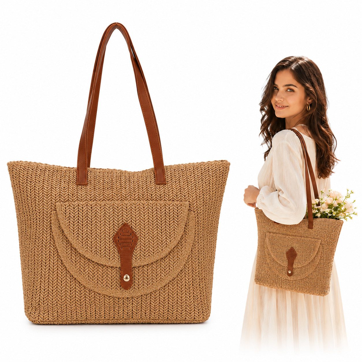 MOPUEA Strandtasche Stroh Geflochten Schultertasche für Damen Boho Strohtasche (Schultertasche, Umhängetasche, Sommer, Strand, 1-tlg., Tragegriff oben für Reisen, Strand Urlaub Sommer Alltag), Geräumige Tragetasche mit Reißverschluss