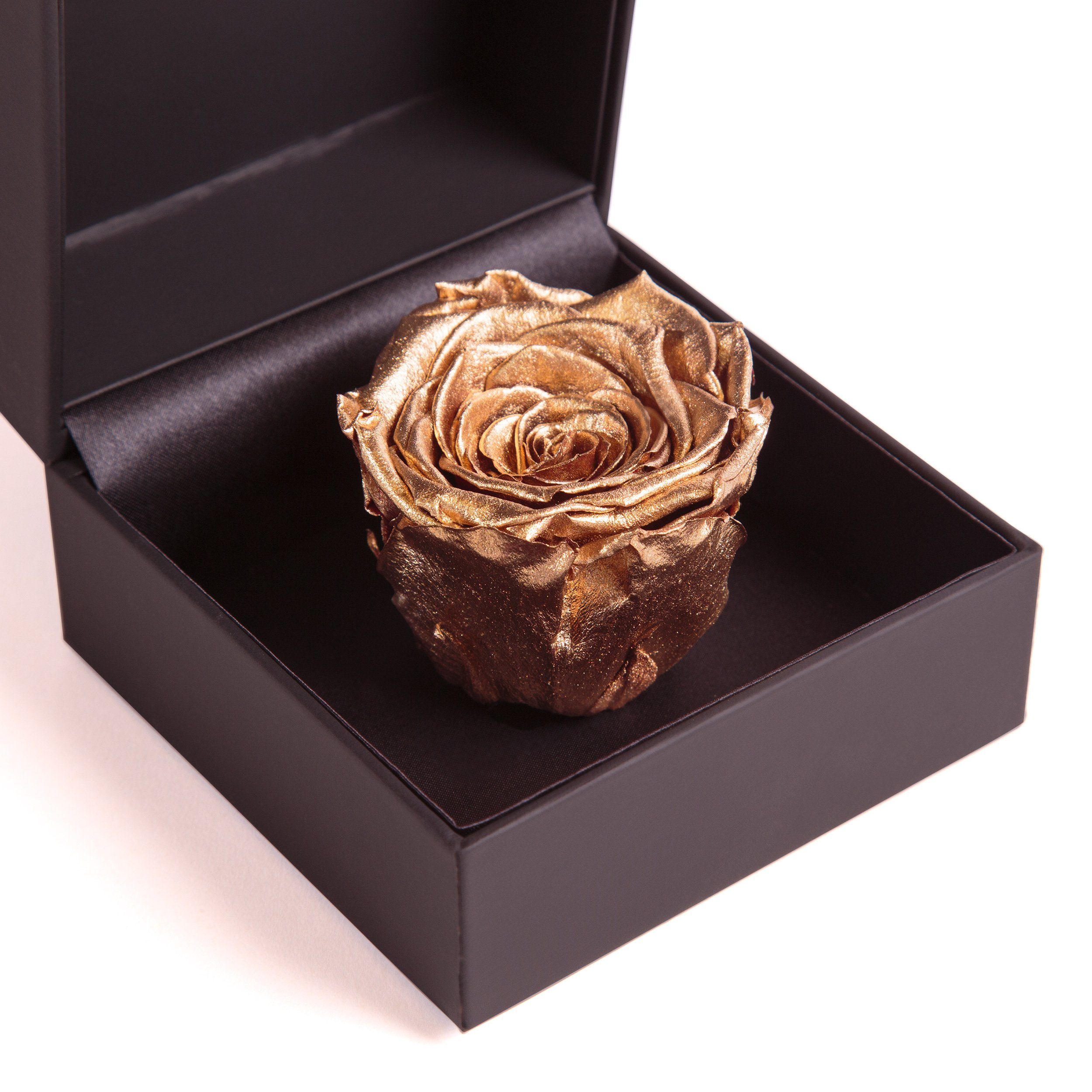 Kunstblume Rosenbox Ringdose Gold Rose in 9 cm, konserviert Langlebige SCHULZ Rose, Höhe Heidelberg, Rose Infinity Box Ringbox Groß ROSEMARIE