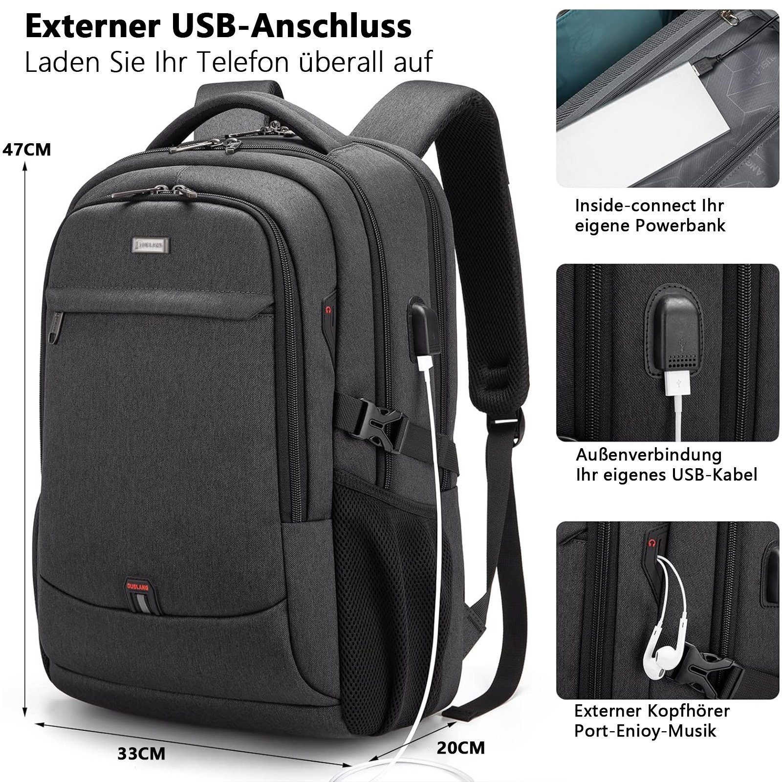 OKWISH Laptoprucksack Herren Damen Schulrucksack Wasserbeständig Laptoptasche (Business Reise Rucksack, Anti-Diebstahl, Sportrucksack, mit USB-Anschluss, Laptopfach), Organizer für Schule Arbeit Freizeit