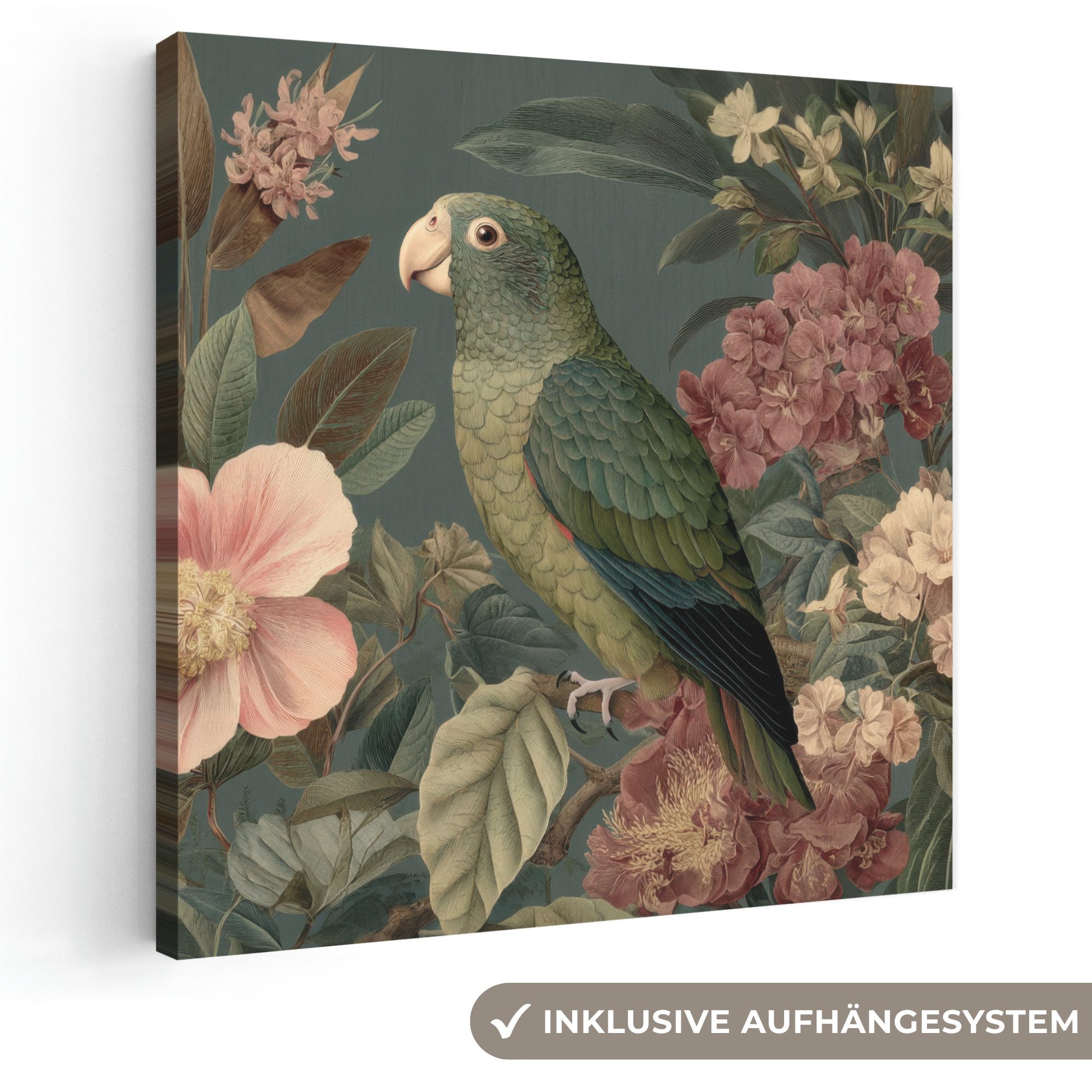 OneMillionCanvasses® Leinwandbild Grüner Papagei - Bunte Blumen - Dunkler Hintergrund, Fotodruck (1 St), Wandbild, Deko Schlafzimmer Wohnzimmer Flur 20x20 cm