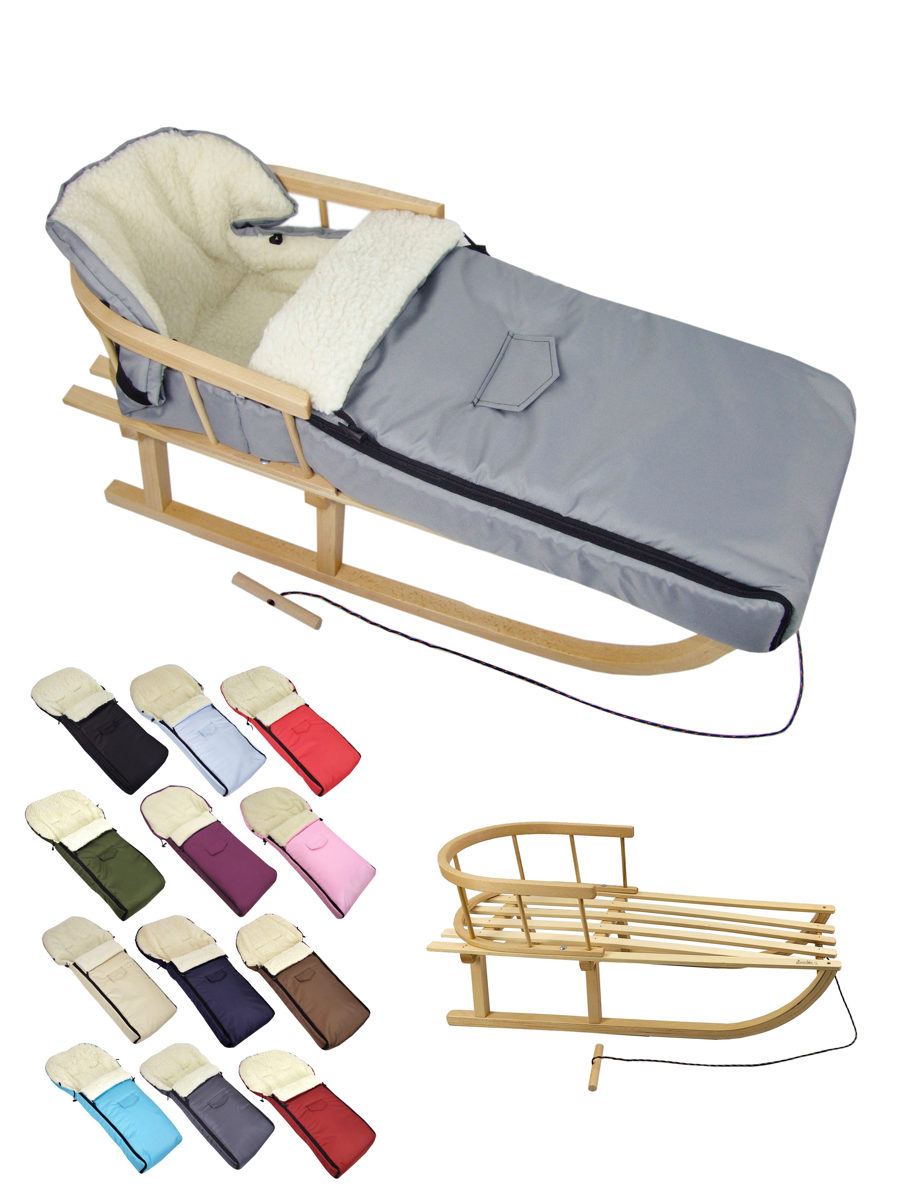 BambiniWelt by Rafael K. Санчата CE-HOLZSCHLITTEN mit Rückenlehne Zugleine + WINTERFUßSACK Wolle 108cm (universaler Winterfußsack (108cm) + Дерев'яні сани (90cm), Kombi-Angebot