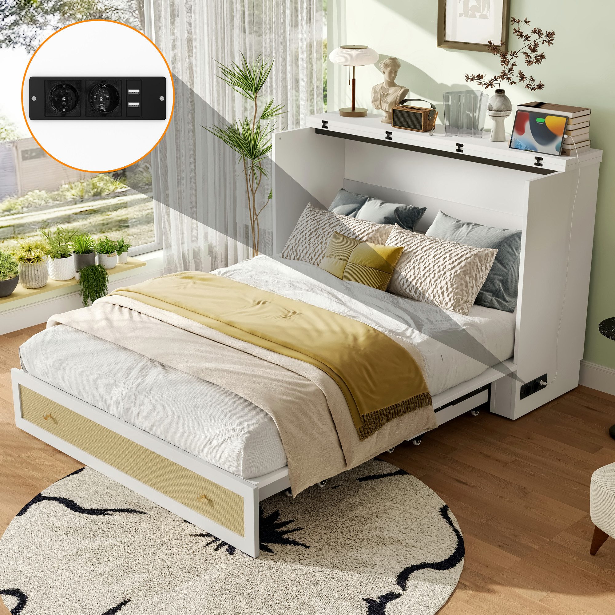 Merax Schrankbett 140x200cm mit USB- & Steckdosenanschluss (ohne Matratze, 1-St., mobil & platzsparend) umbaubares Plattformbett Wandklappbett mit Schublade,Reg – Bild 4 von 5