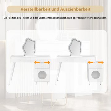 MODFU Schminktisch drei geräumigen Schubladen und einer Tür (Mit LED-Spiegel), Weiß Schminktisch-Set,Maße: B99,8/H76.9/T40 cm(ohne Hocker)