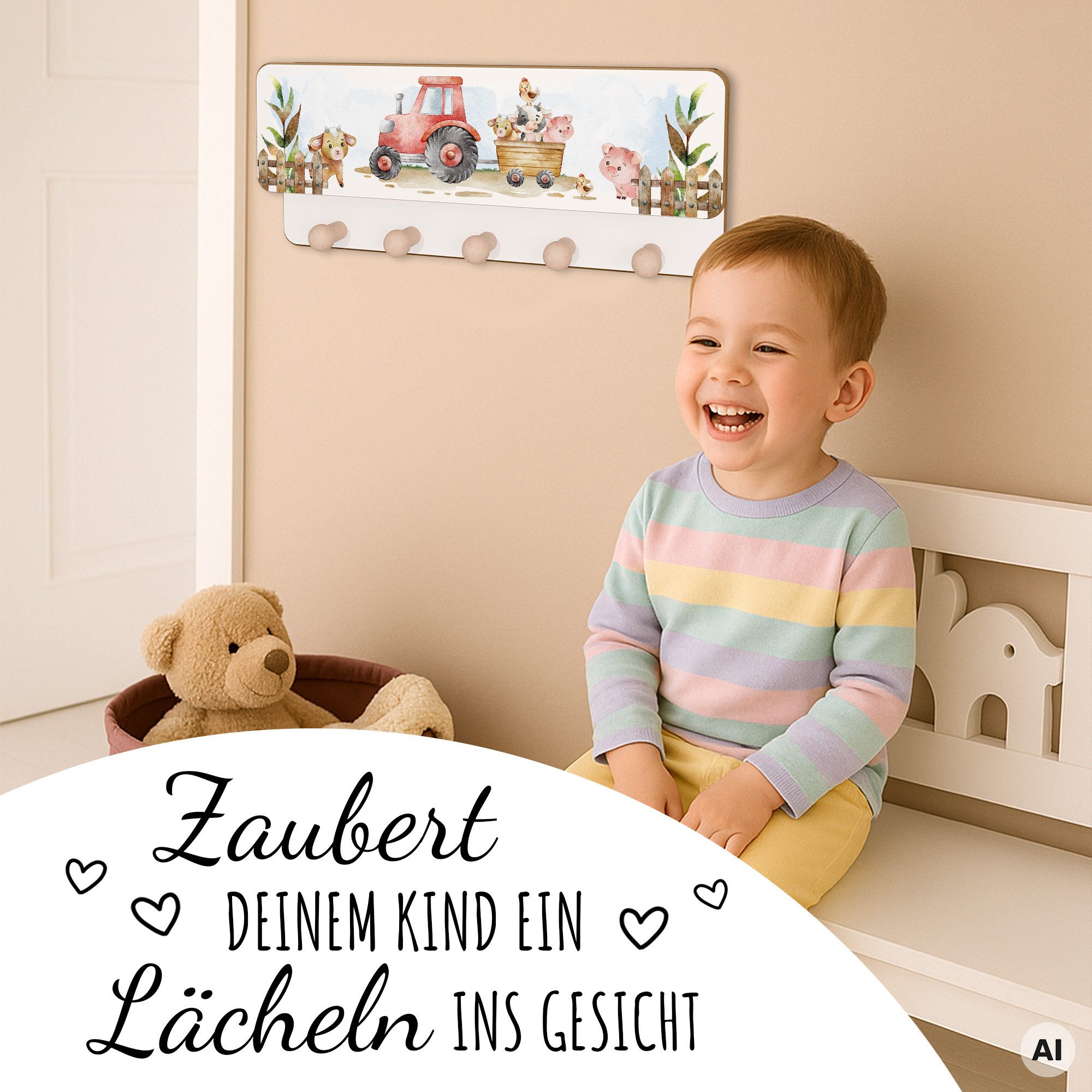 Holzura Kinderregal Kindergarderobe aus Holz mit Ablage und magnethaftendem Rahmen. – Bild 4 von 5