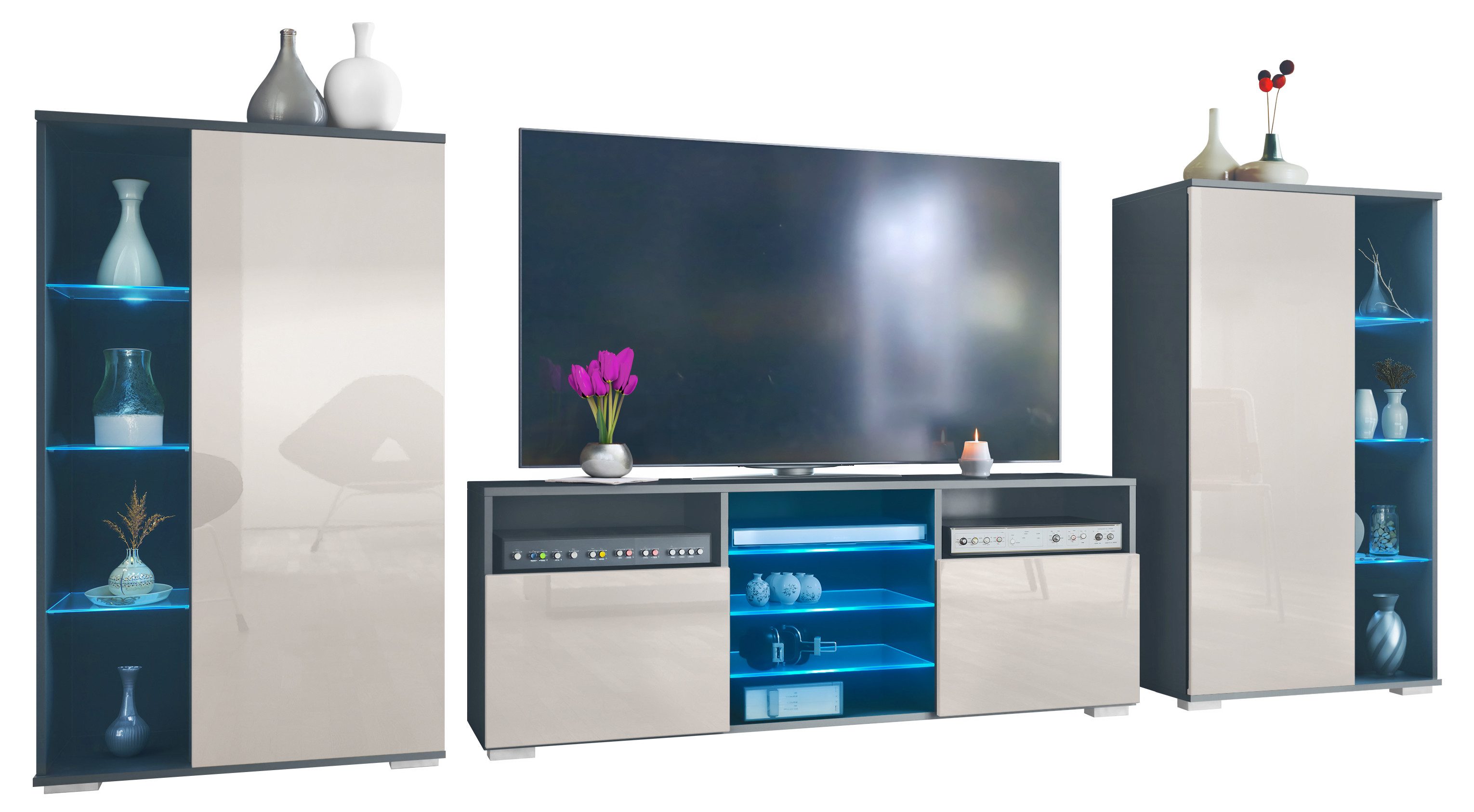 Vladon Wohnwand Davos, (Anbauwand, bestehend aus 2 Vitrinen, 1 TV-Board und LED-Beleuchtung), Anthrazit matt/Sandgrau Hochglanz (329 x 134 x 35 cm)
