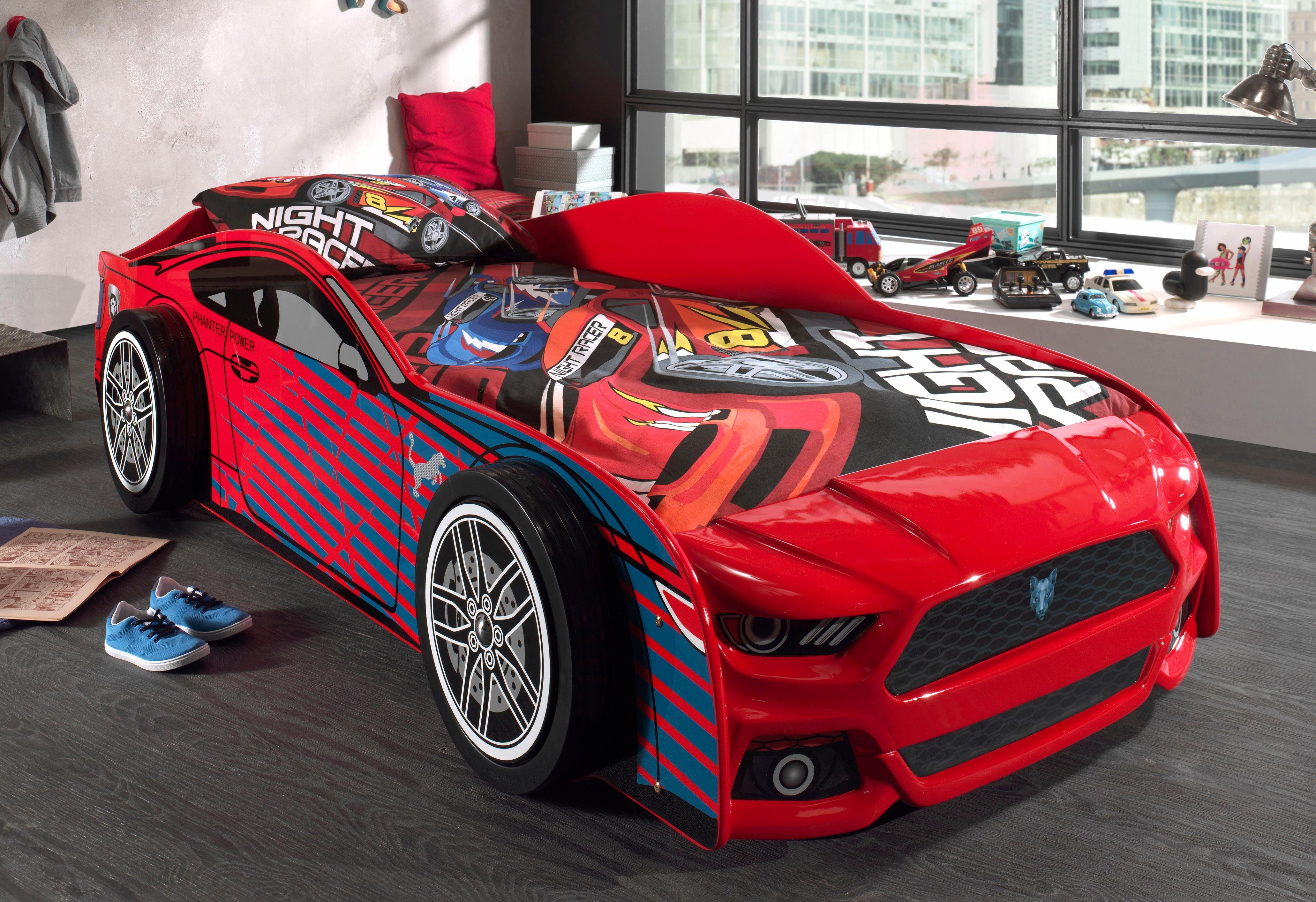 Vipack Car Bed Sport Car Look, Sleeping Area 90/200, Glossy Lacquered MDF (W/H/D approx. 227x60x111cm, incl. Slatted Frame, Wheels in Rim Look), Striking Plastic Front, a Highlight in the Children's Room