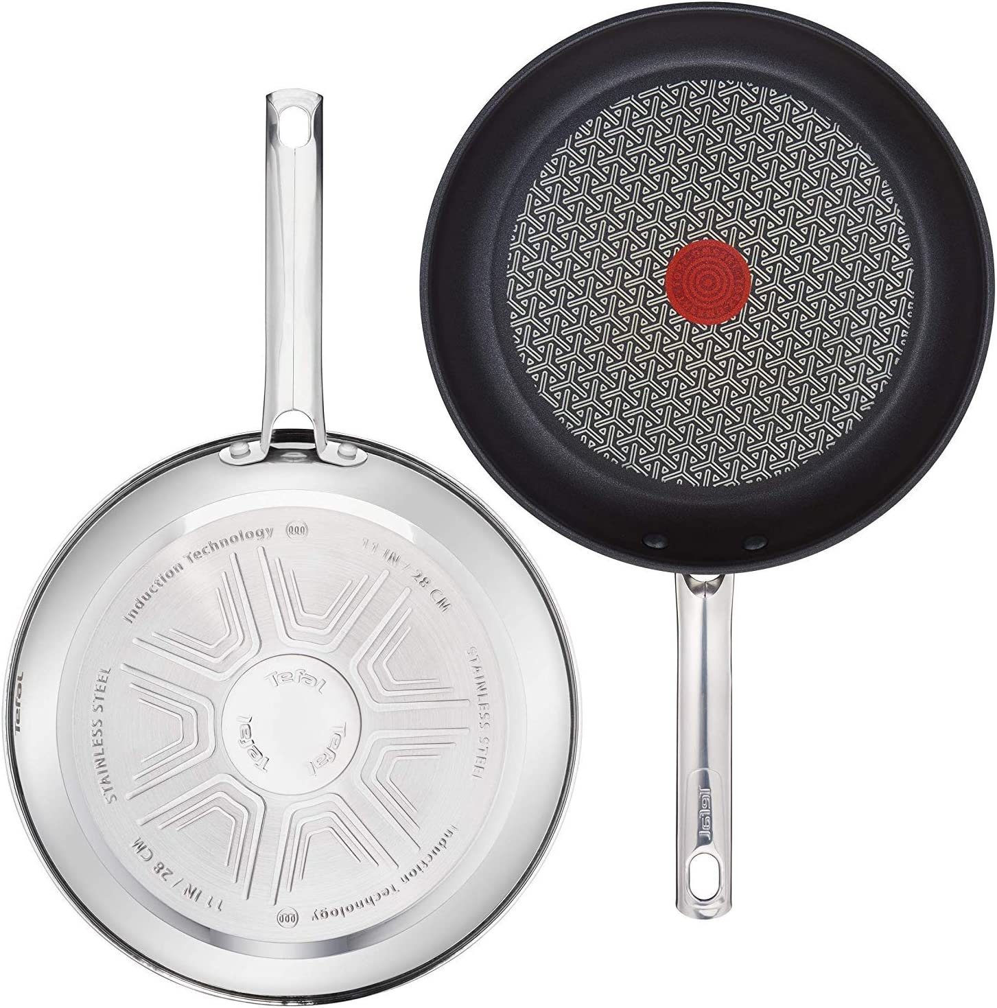 Tefal Bratpfanne A43545, Edelstahl (Set, 3-tlg., 24 und 28 cm + Jamie Oliver  Glasdeckel 28cm), Pfannen mit Optimale Hitzeverteilung und Gleitfähigkeit,  Antihaft Pfanne Induktionsherd geeignet