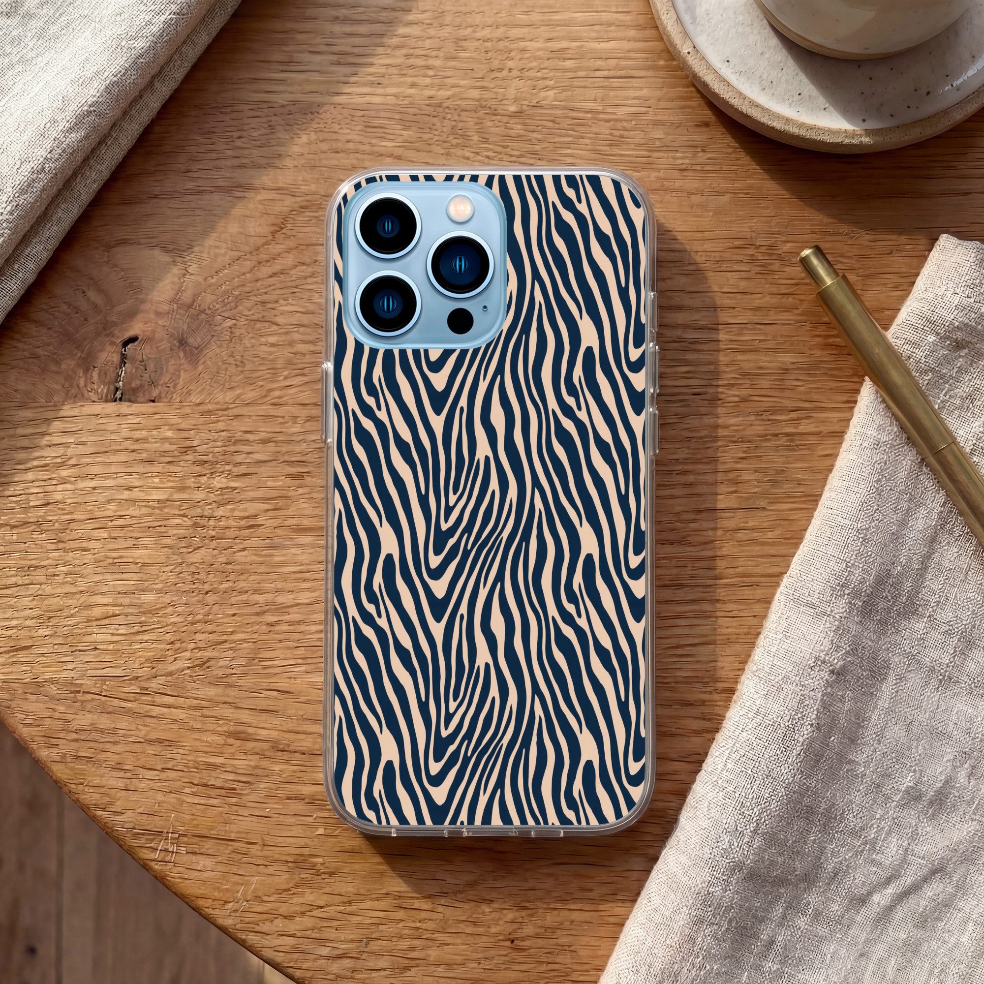 MuchoWow Handyhülle für Apple iPhone 13 Pro Max Zebra - Muster - Blau - Beige, Smartphone-Bumper, Print, Handy Schutzhülle Dünn