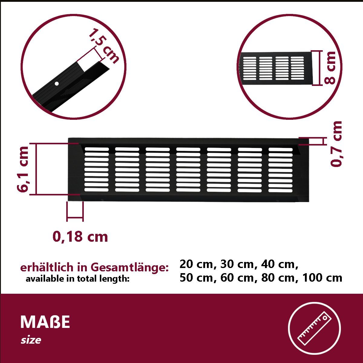 HOOZ Lüftungsgitter für eine ideale Belüftung von Küche, Bad, Garage und Wohnzimmer (Set, 1 St., 30 x 8 x 1,2 cm), schwarz