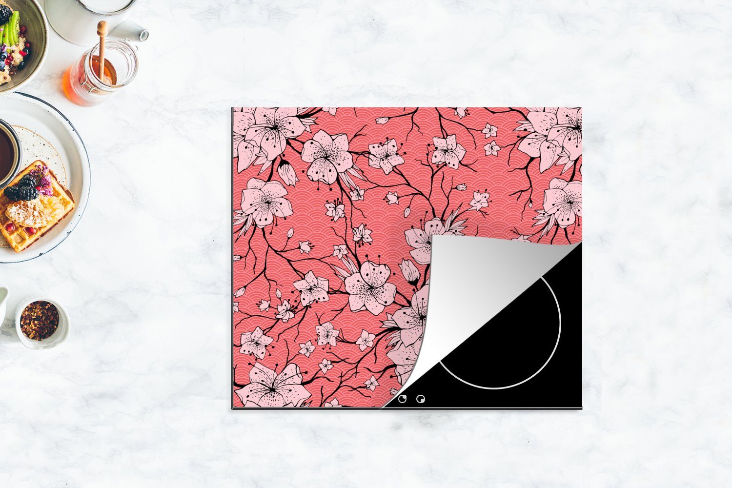 cm, Muster Mobile Blumen - Herdblende-/Abdeckplatte - Japan, Vinyl, (1 MuchoWow tlg), Arbeitsfläche Ceranfeldabdeckung nutzbar, 60x52