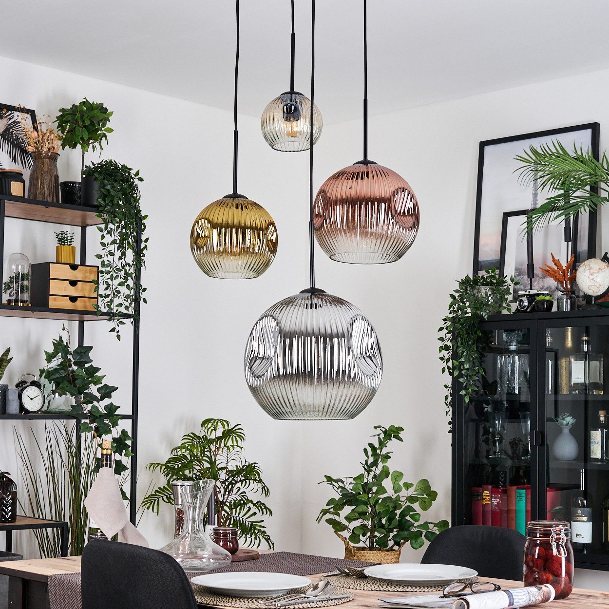 hofstein Hängeleuchte Hängelampe Metall/Riffelglas in Gold/Chrom/Rauch/Kupfer/Bernstein/Klar, Hängeleuchte im Retro/Vintage-Design (15; 20; 25; 30 cm),4xE27