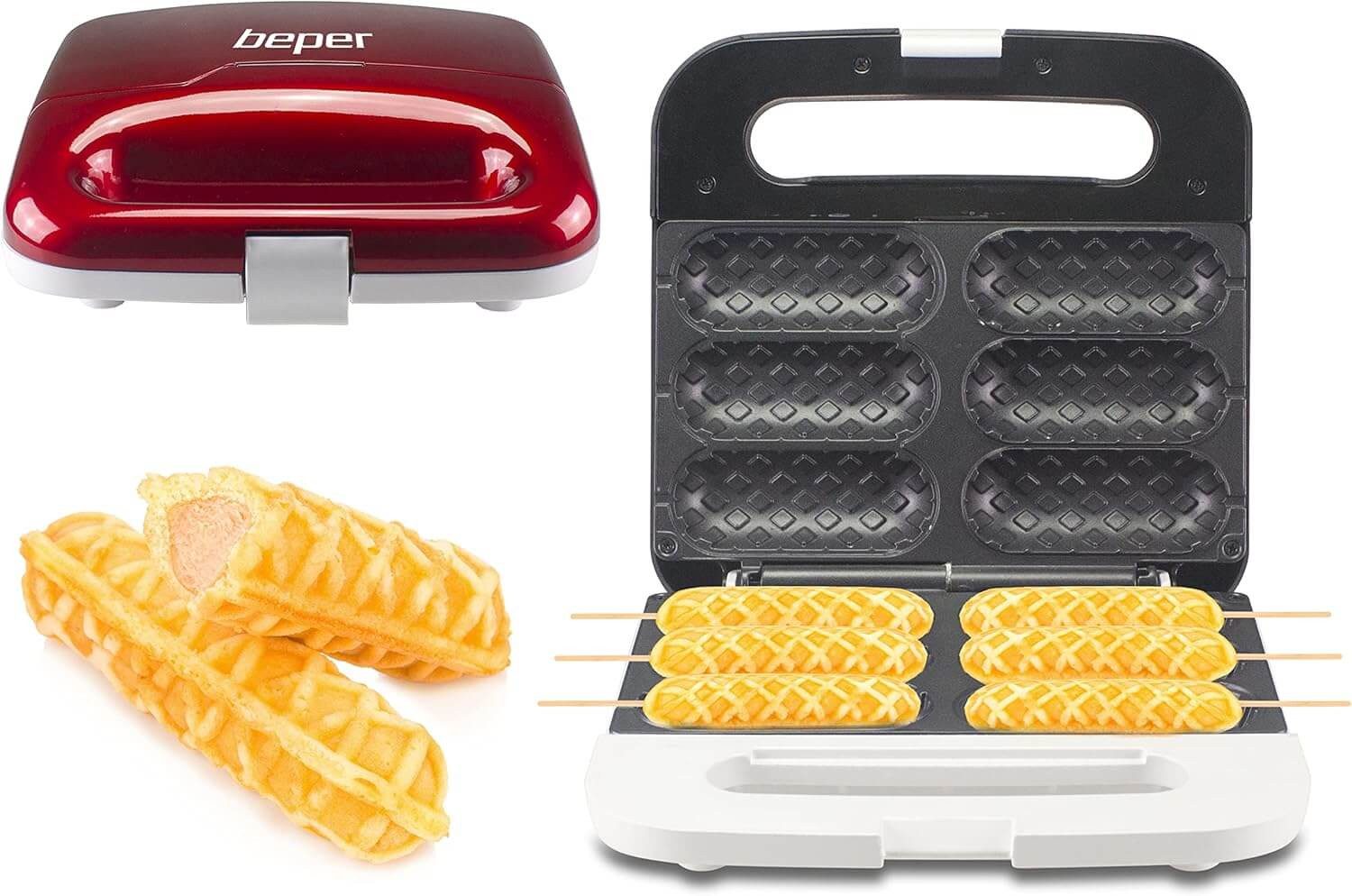Beper Waffeleisen P101CUD100 Waffeleisen für Waffel am Spiess in rot, 850 W