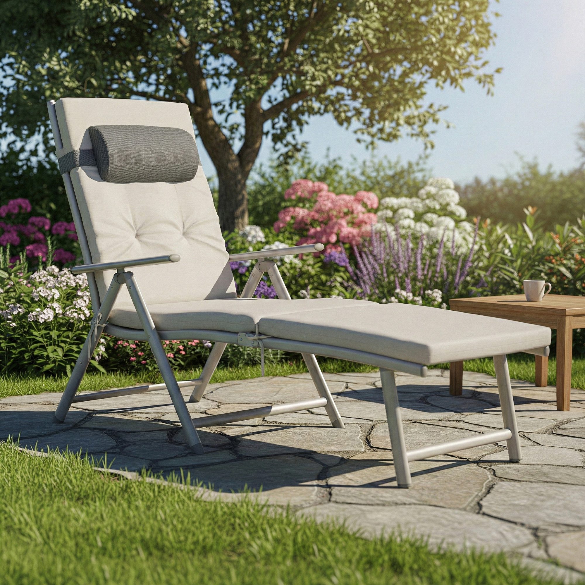 SONGMICS Gartenliege Sonnenliege, klappbar, atmungsaktiv, einstellbare Rückenlehne, 1 St., mit 6 cm dickem Polster, abnehmbares Kopfkissen, bis 150 kg belastbar, 58 x 183 cm