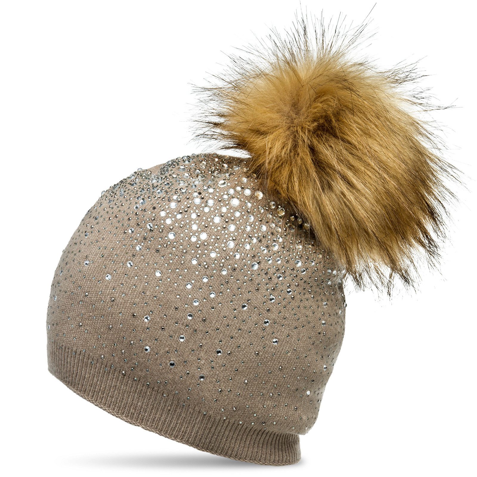 Caspar Bommelmütze MU188 Damen Fein Strick Glitzer Strass Winter Mütze mit Fellbommel