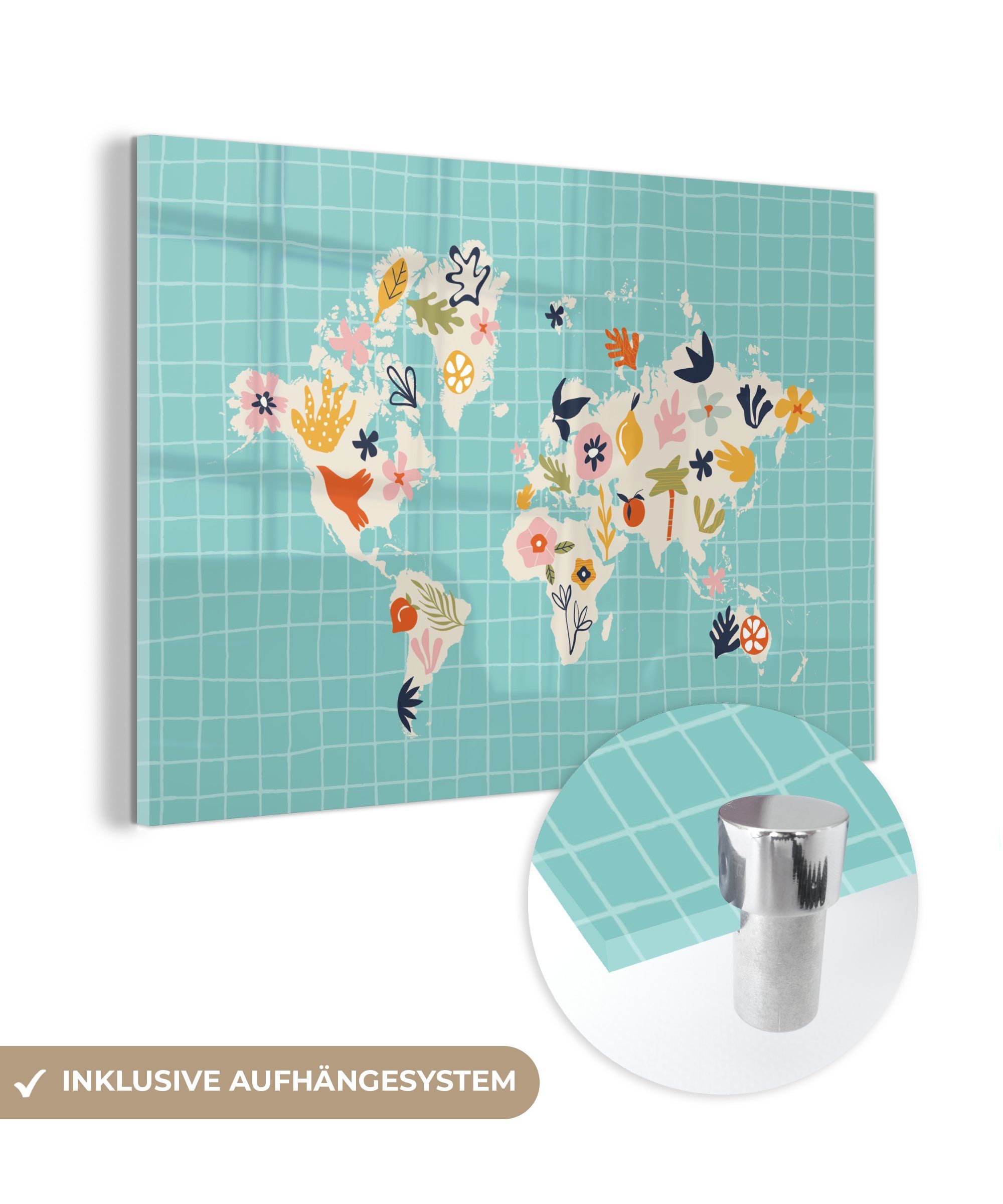 MuchoWow Acrylglasbild Weltkarte - Blumen - Matisse, (1 St), Acrylglasbilder Wohnzimmer & Schlafzimmer