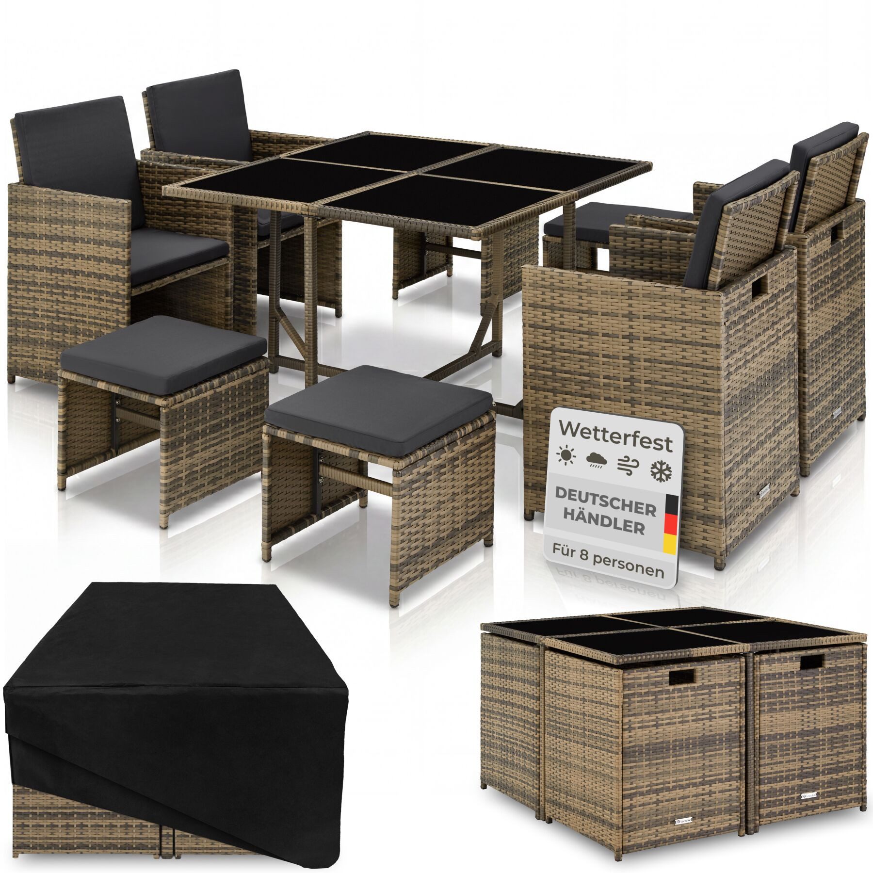 tectake Sitzgruppe Rattan-Gartenlounge für 4 bis 8 Personen, Inkl. Schutzhülle, (Loungeset Bilbao, 9-tlg., für Außen in Naturfarben), widerstandsfähig, UV-beständig, mit Sicherheitsglasplatten
