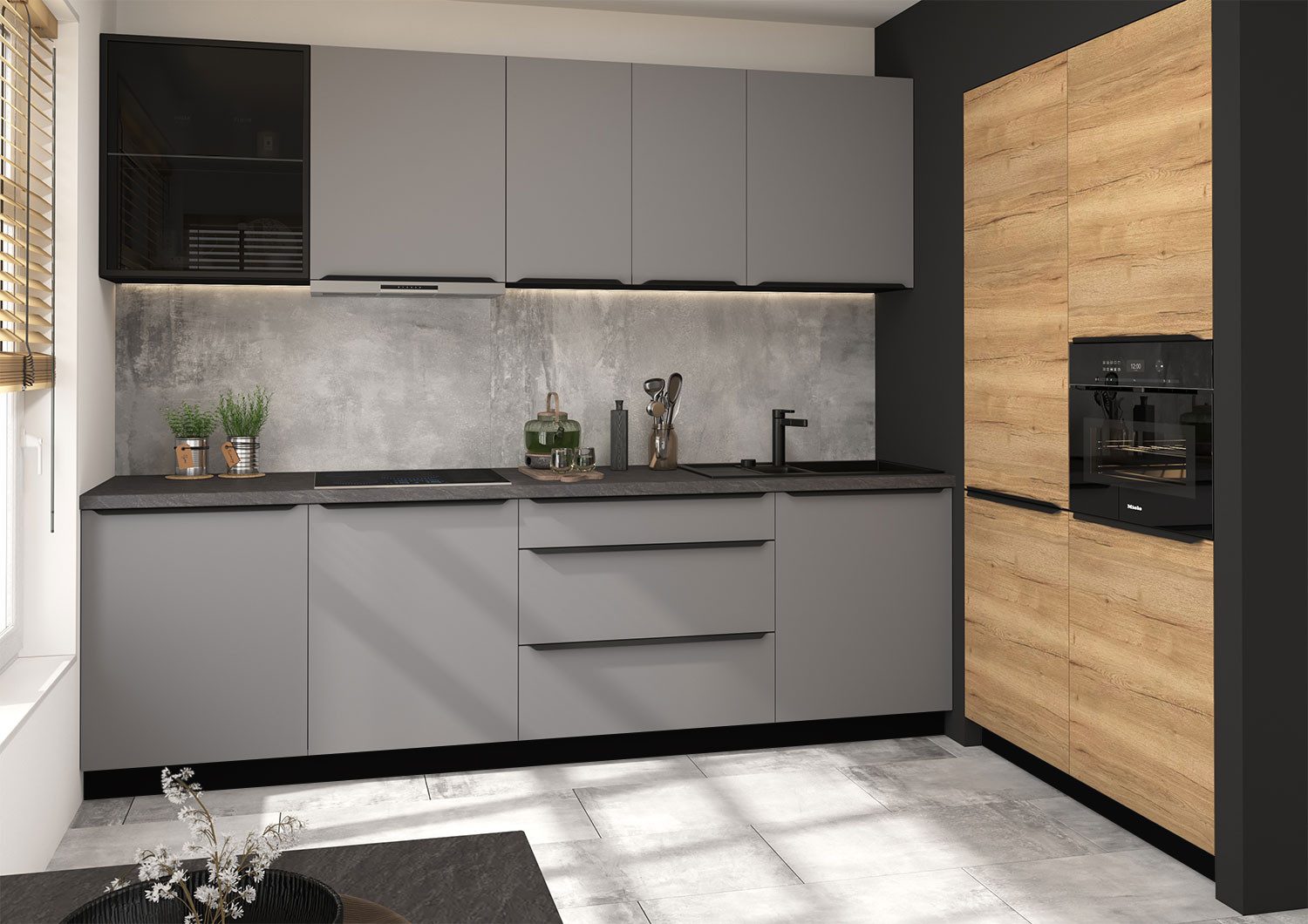 Feldmann-Wohnen Küchenzeile Bonn-Malmo, (Soft-Close, Blum Teilauszug), 270cm mit Küchenblock schwarz / dust grey matt - Halifax, 10-teilig