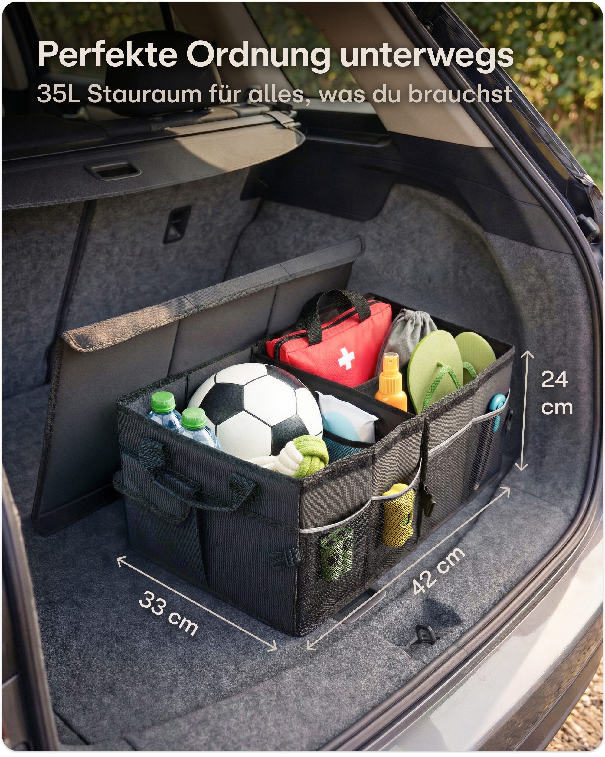 Praknu Kofferraummatte Auto Kofferraum Organizer Faltbar mit Deckel – 3 Fächer mit 11 Taschen (1 St), Mit Deckel, Faltbar, 3 Fächer, Rutschfester Boden, Reflektionsstreifen
