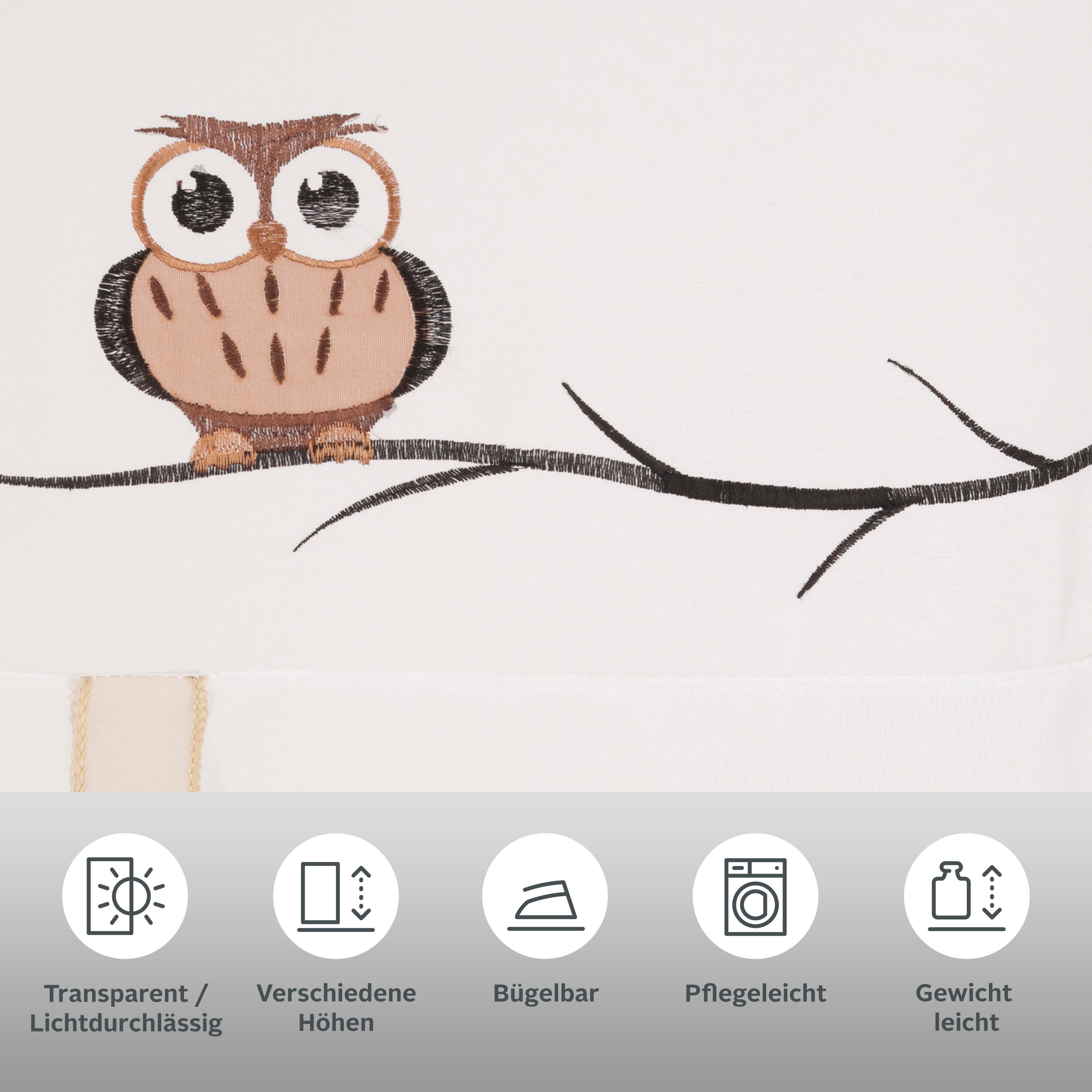 OTTO home Bindegardine Java (1 St), Stangendurchzug, transparent, Voile, Fertiggardine, transparent, mit bestickten Eulen