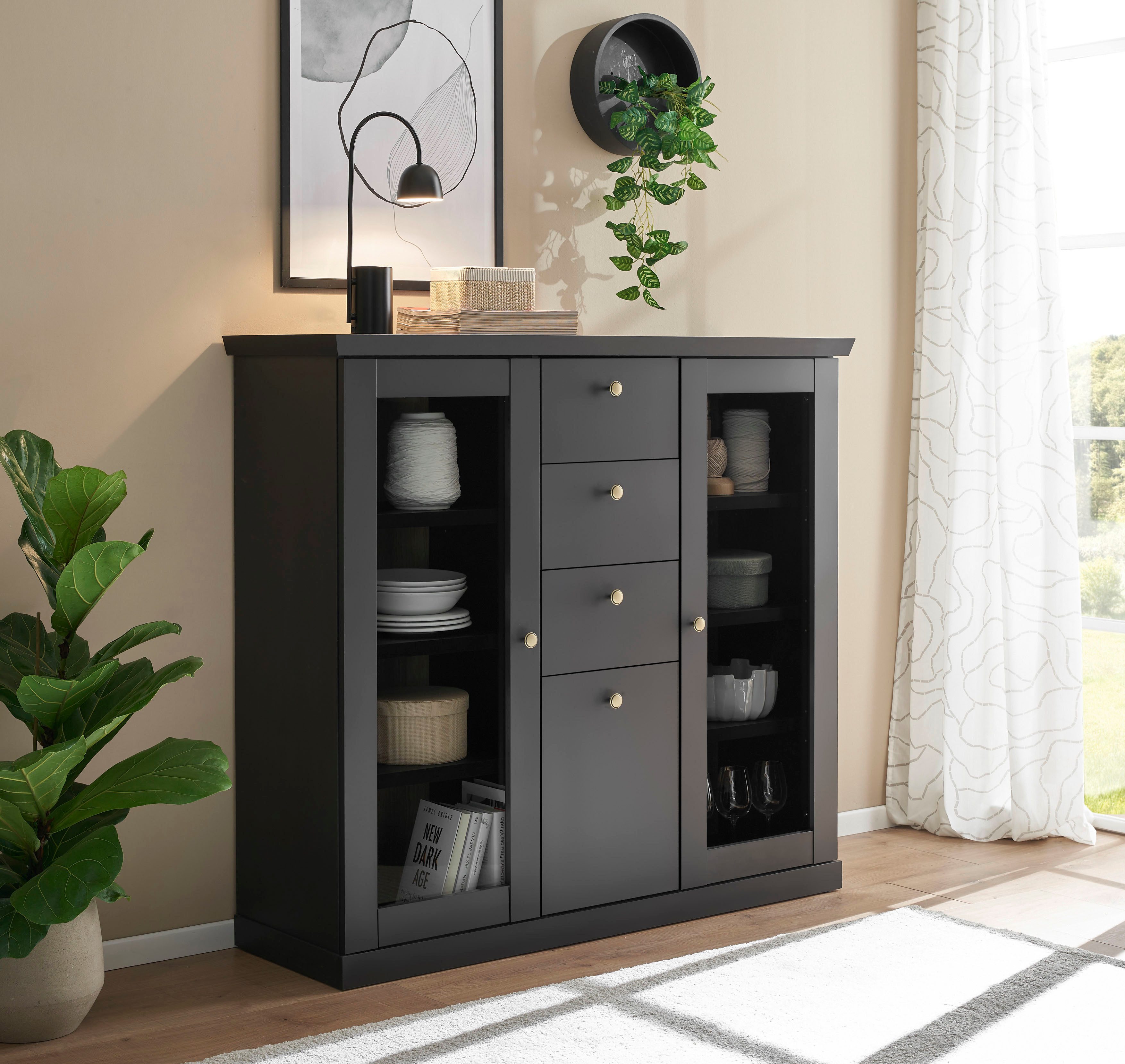 Home affaire Highboard Lincoln, moderner Schrank, schwarzer Stauraumschrank, 129 cm breit, edles Design, messingfarbene Knopfgriffe, vielseitig einsetzbar