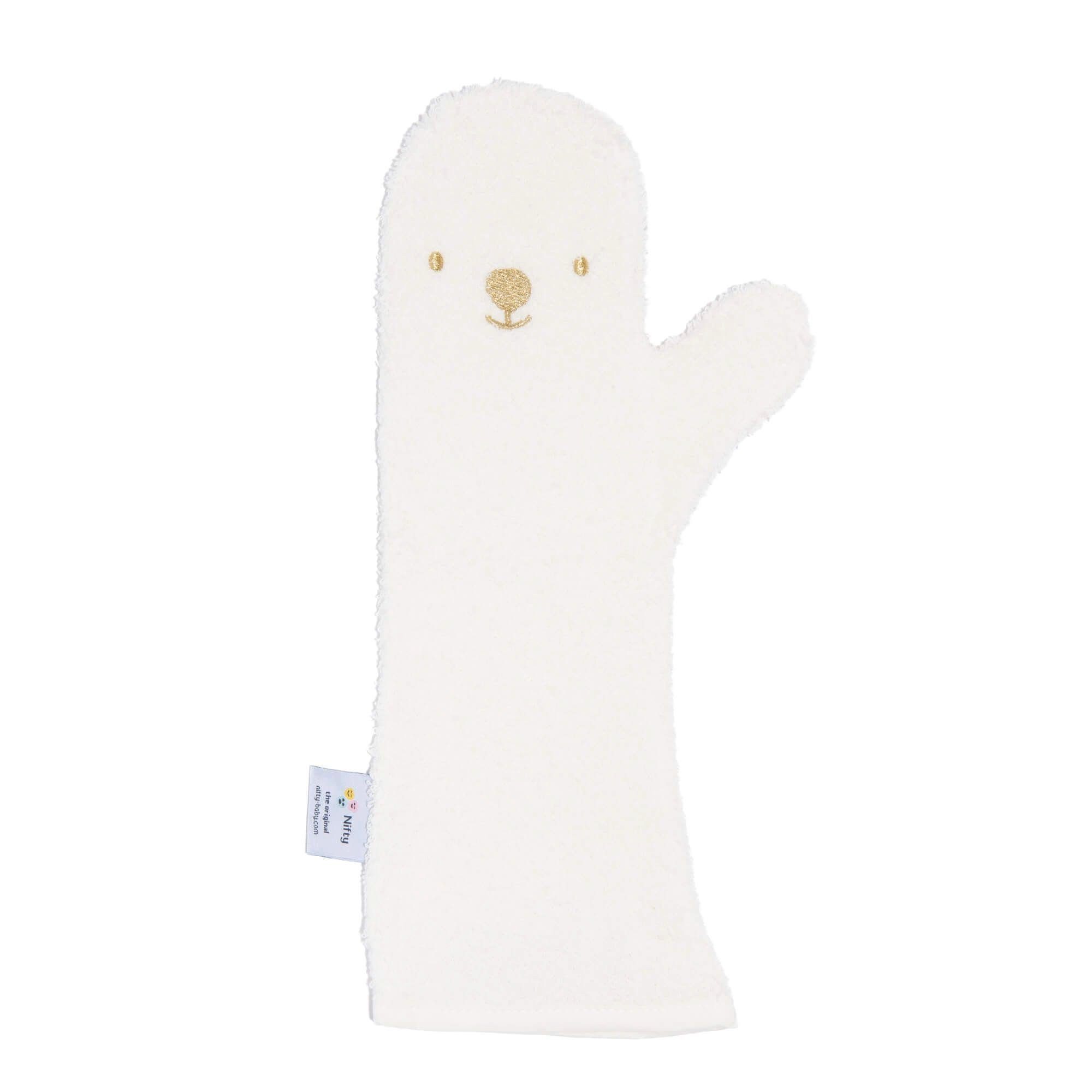 LK Trend & Style Waschhandschuh Baby Duschhandschuh langer Waschhandschuh, Bio-Baumwolle Weiß mit Bärgesicht