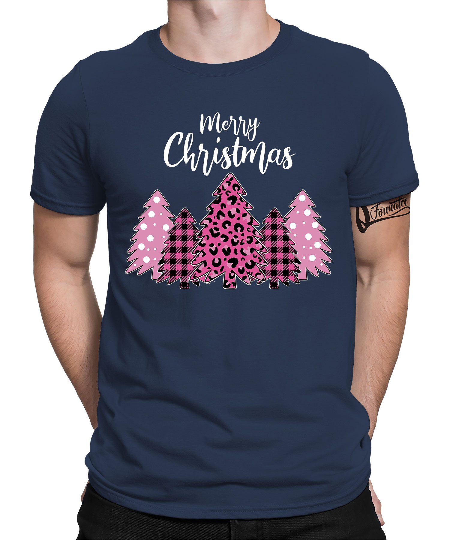 Quattro Formatee Kurzarmshirt Merry Christmas Weihnachtsbaum - Weihnachten X-mas Weihnachtsgeschenk (1-tlg) Navy Blau
