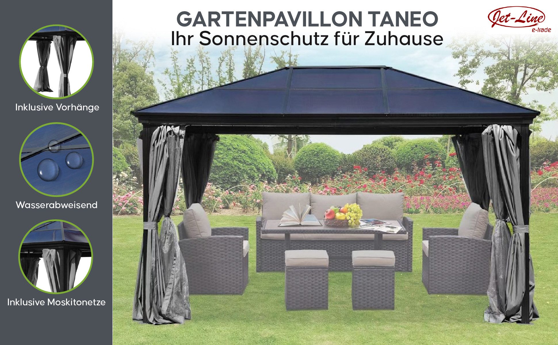 Jet-Line Pavillon Pavillon Gartenpavillon 3x4 Taneo anthrazit aus Al