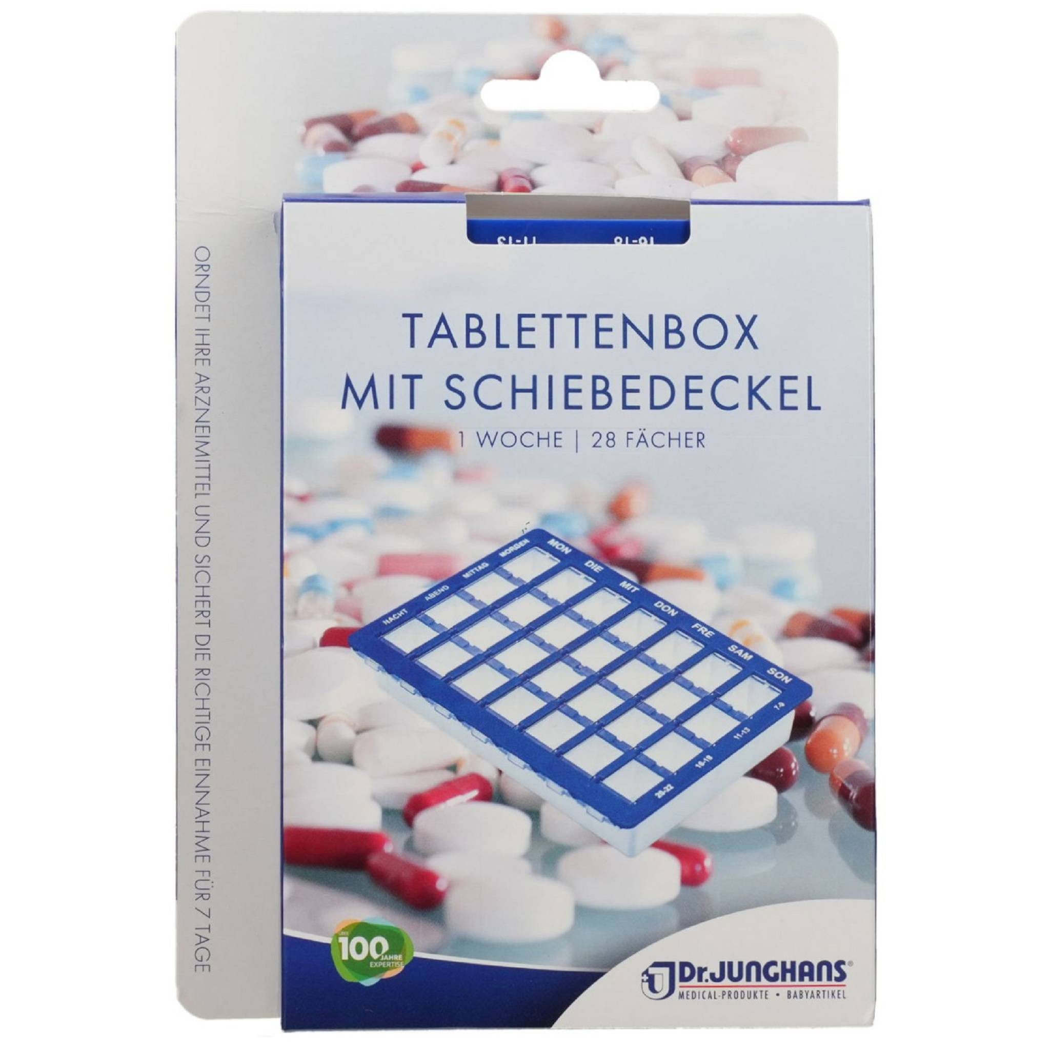 Dr. Junghans Medical GmbH Pillendose TABLETTENBOX 1 Woche 28-Fächer Schiebedeckel