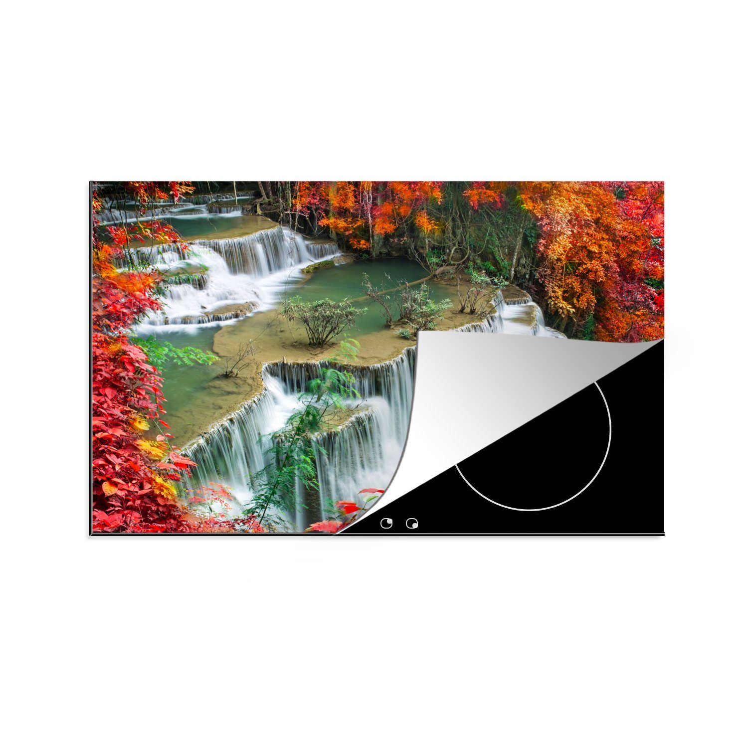 MuchoWow Herdblende-/Abdeckplatte Bäume - Wasserfall - Herbst - Natur, Vinyl, (1 tlg), 80x52 cm, Induktionskochfeld Schutz für die küche, Ceranfeldabdeckung