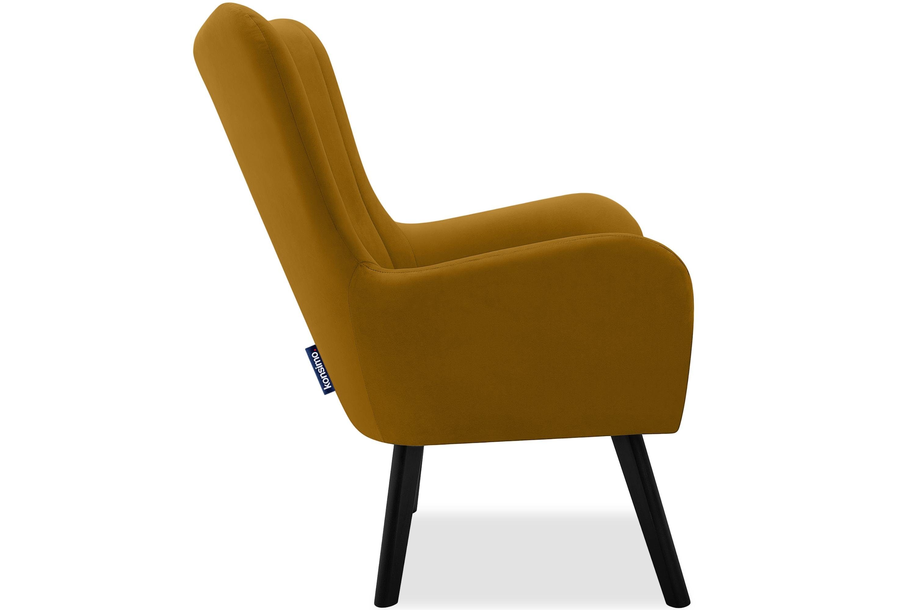 Konsimo Ohrensessel GADI, Velourstoff, lackierte gelb Holzbeine gelb im PUR-Schaum | Schwarz Sitz