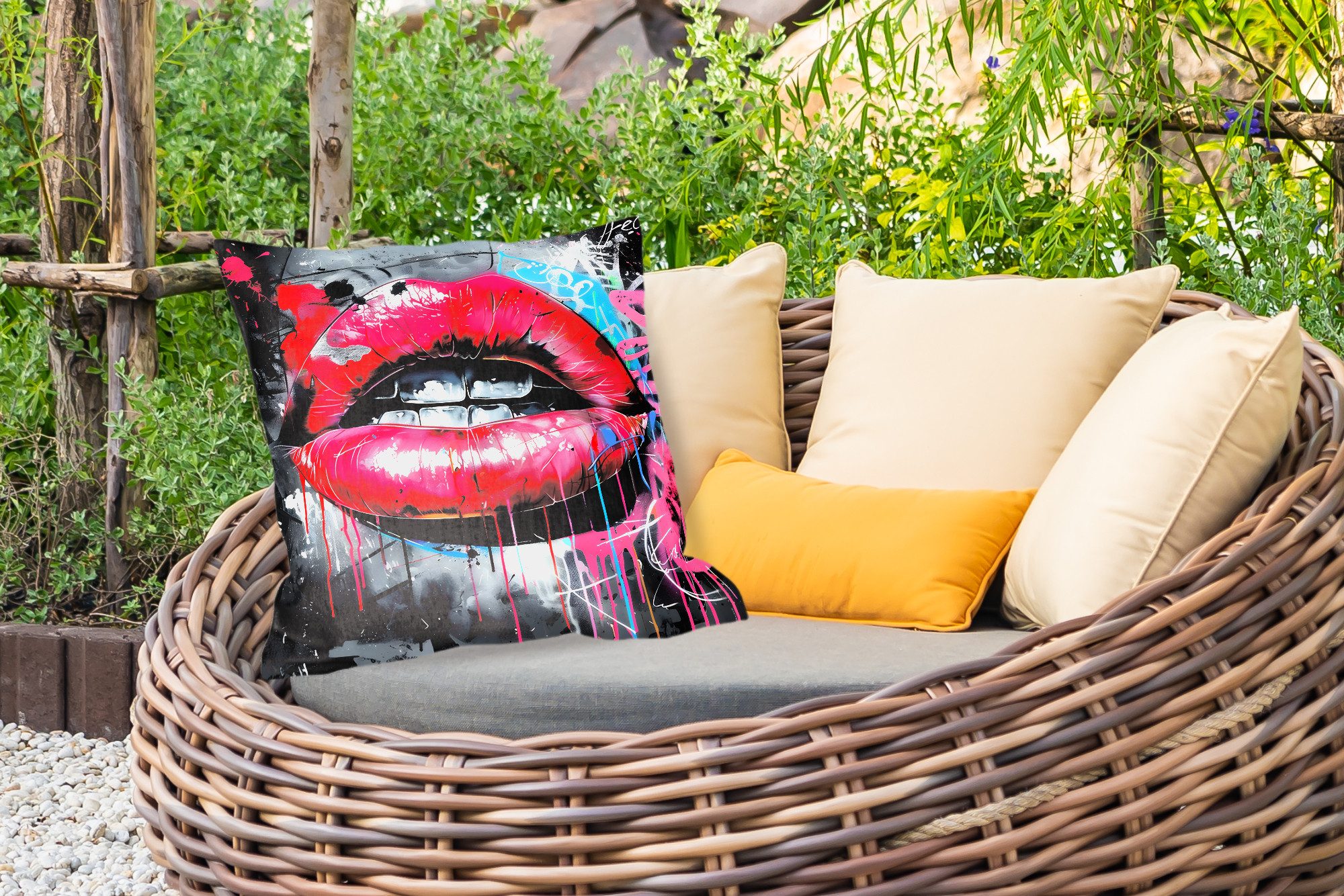 MuchoWow Dekokissen Lippen - Leuchtendes Rosa - Graffiti - Farbstreifen, Kissenhülle für den Außenbereich, Outdoor, Kissen, 60x60 cm