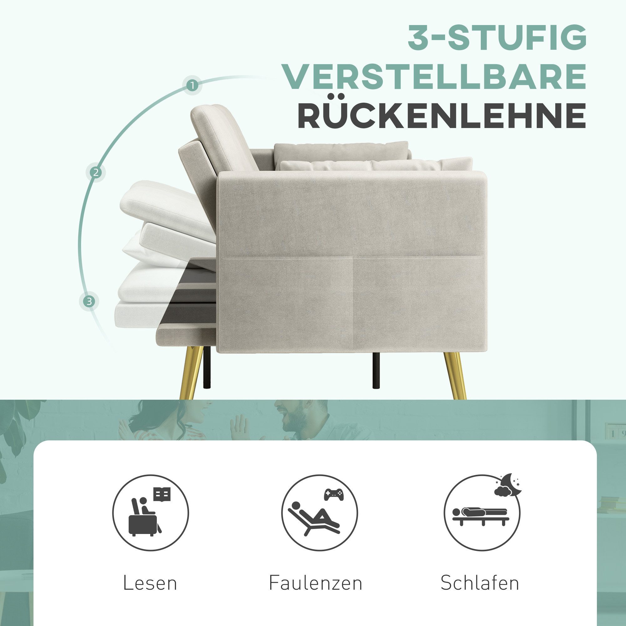 HOMCOM Schlafsofa Schlafcouch mit verstellbarer Rückenlehne, Seitentasche, Kissen, 2er-Sofa 1 Teile, für Wohnzimmer, Schlafzimmer, Beige – Bild 5 von 5