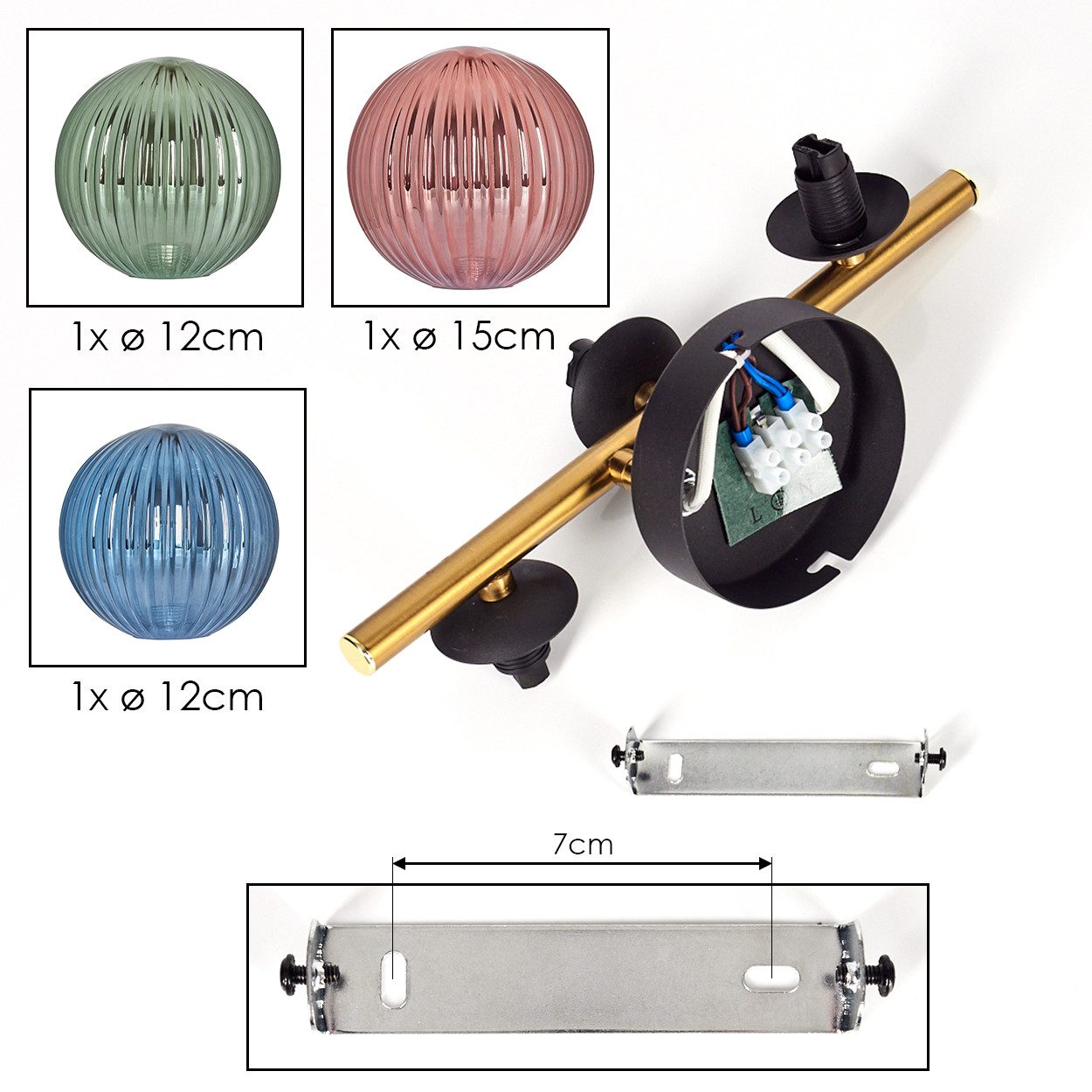 hofstein Deckenleuchte Deckenlampe aus Metall/Riffelglas in Schwarz/Gold/Grün/Blau/Kupfer, ohne Leuchtmittel, Deckenleuchte im modernen Vintage-Design (Schirme Ø 12; 15 cm), 3 x G9