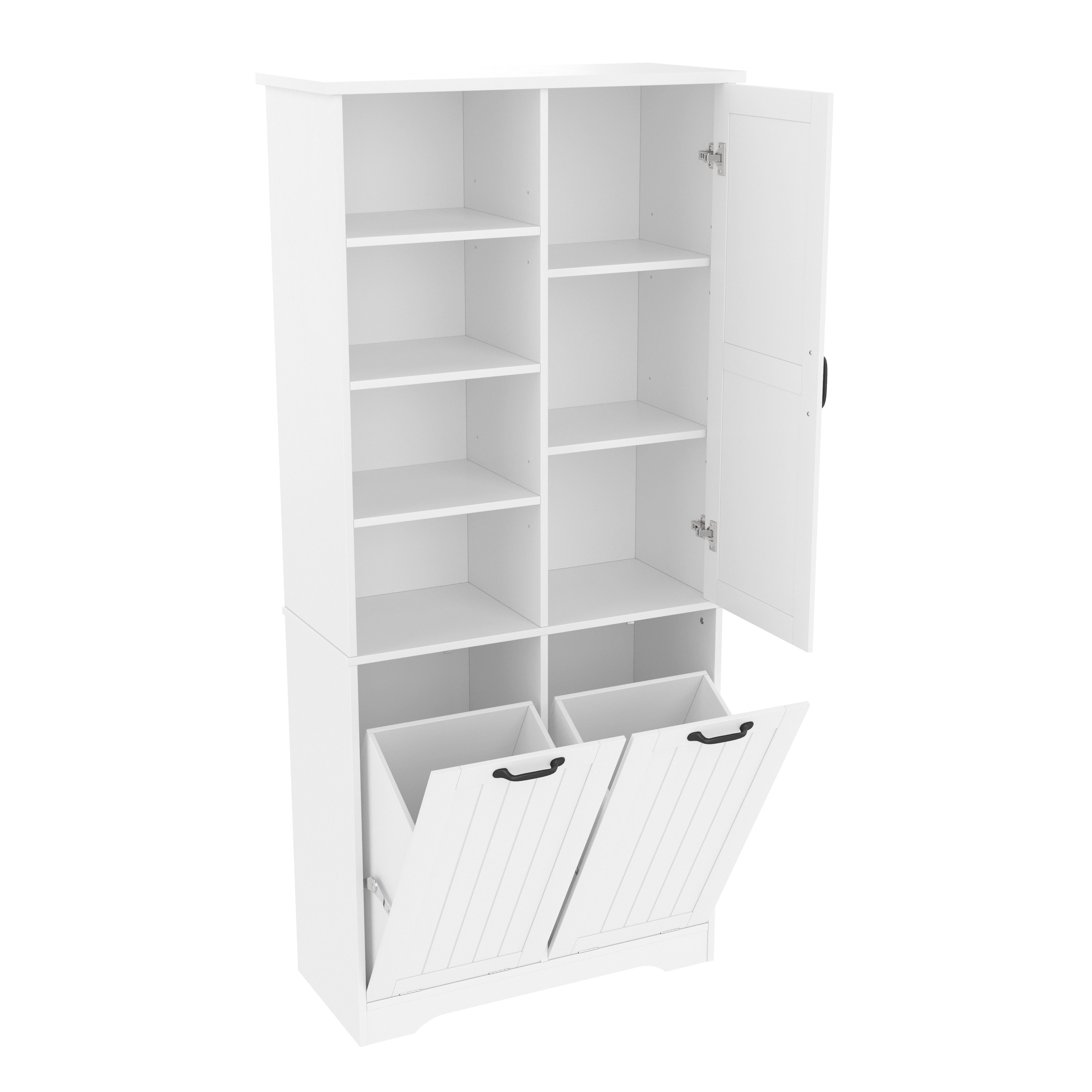 Flieks Badkommode Hochschrank mit doppelter Wäschekorb, 7 Fächern (B78/T35/H172,7 cm, 1 St., mit verstellbaren Einlegeböden und 2 Klappen), Badezimmerschrank feuchtigkeitsbeständiger Holzschrank aus MDF Weiß
