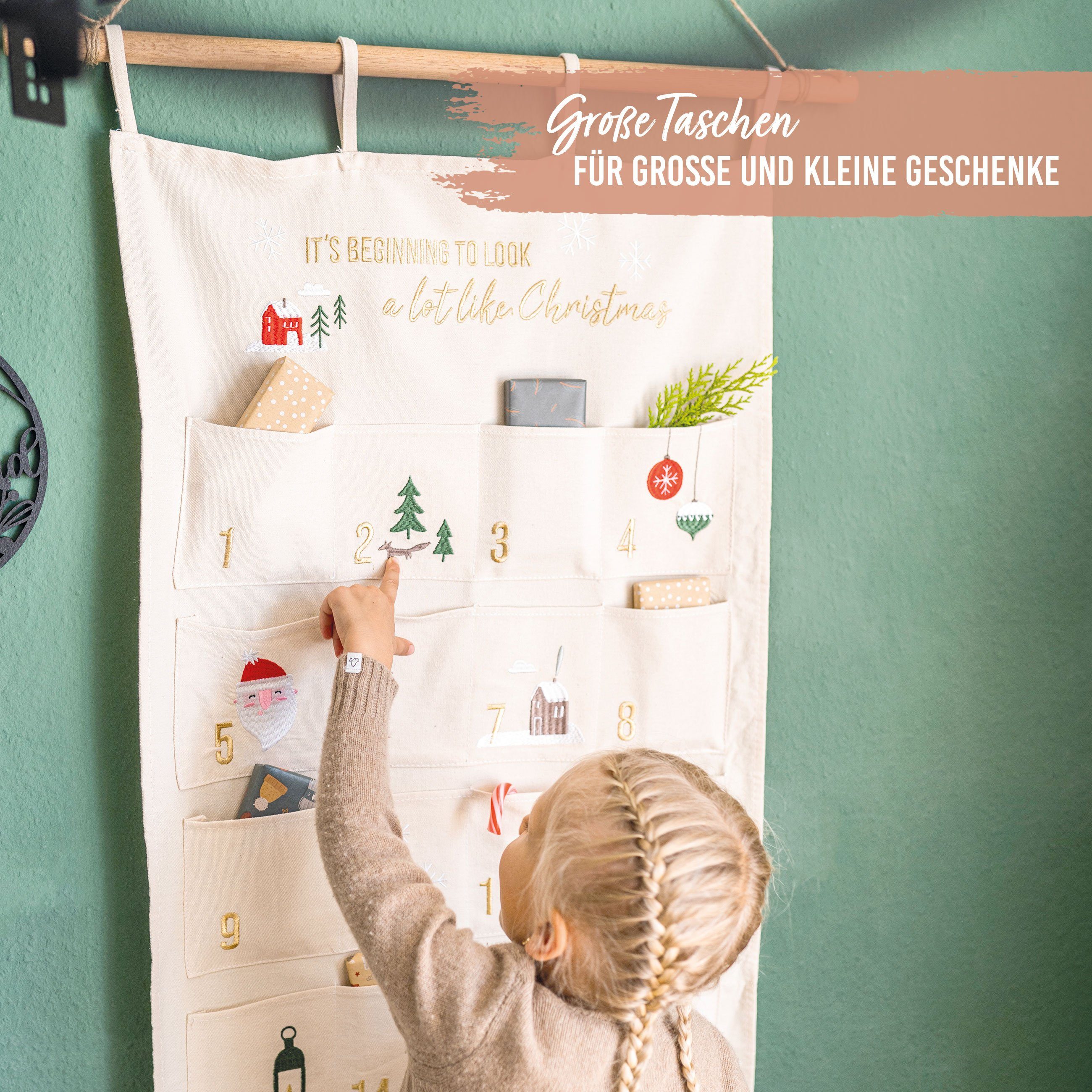 PAPIERDRACHEN befüllbarer Adventskalender Adventskalender Wandteppich aus Stoff zum Befüllen-hochwertig bestickt – Bild 5 von 5