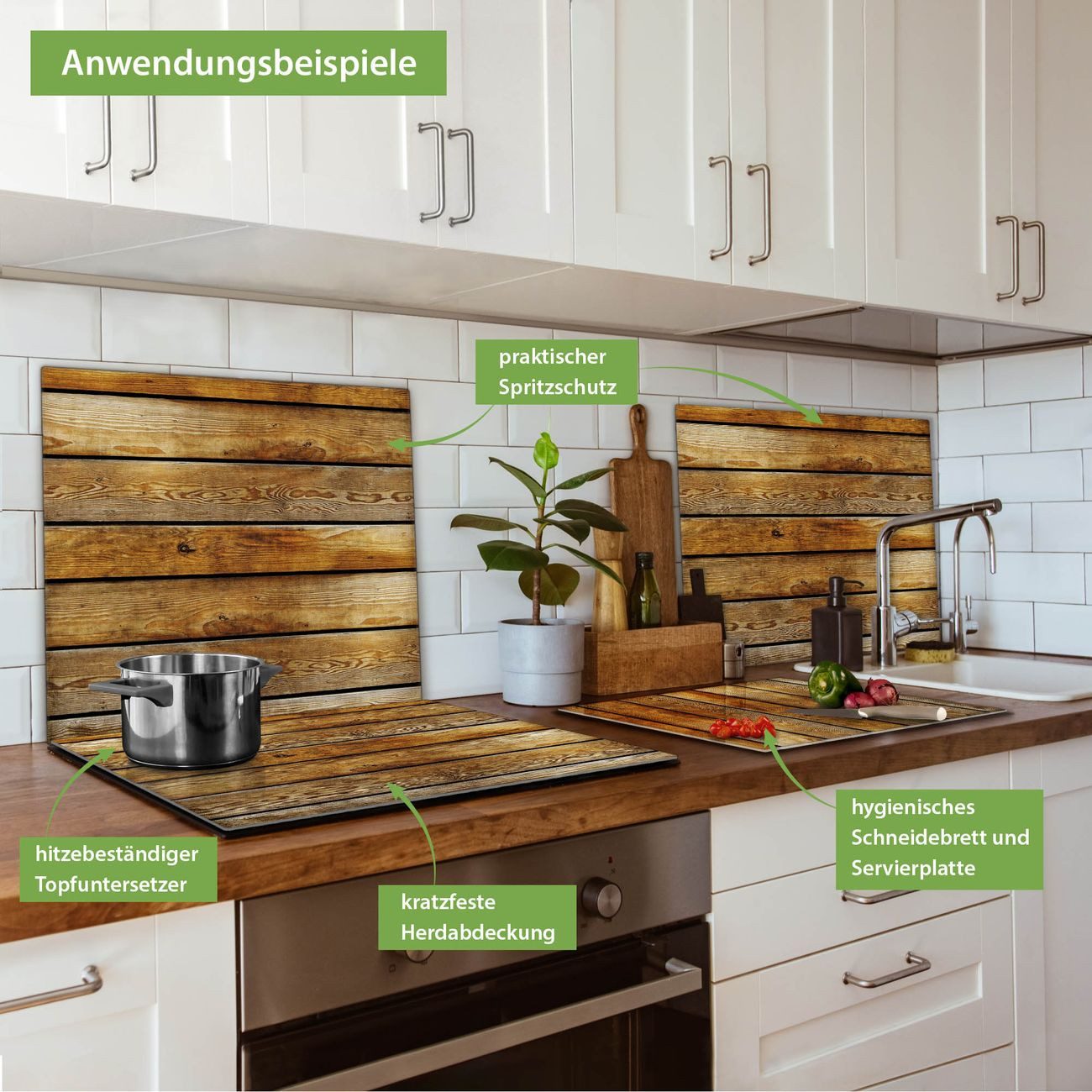 banjado Herd-Abdeckplatte einteilig aus Glas mit Motiv Holzbretter, (gehärtet, 1 tlg., inkl. selbstklebende Gummifüßchen)