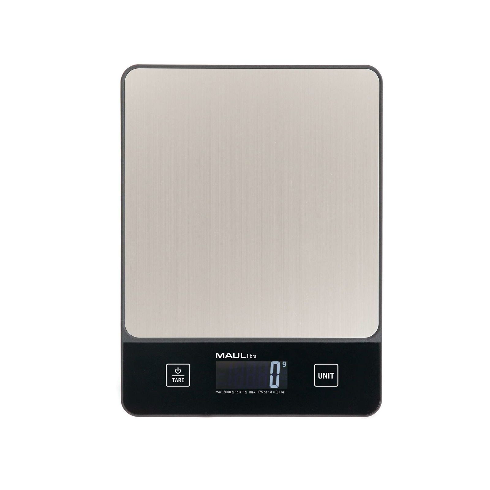 MAUL Küchenwaage Briefwaage MAULlibra mitBatterie, 5000 g / schwarz, bruchsicheres Kunststoffgehäuse und benutzerfreundliche Tastenführung