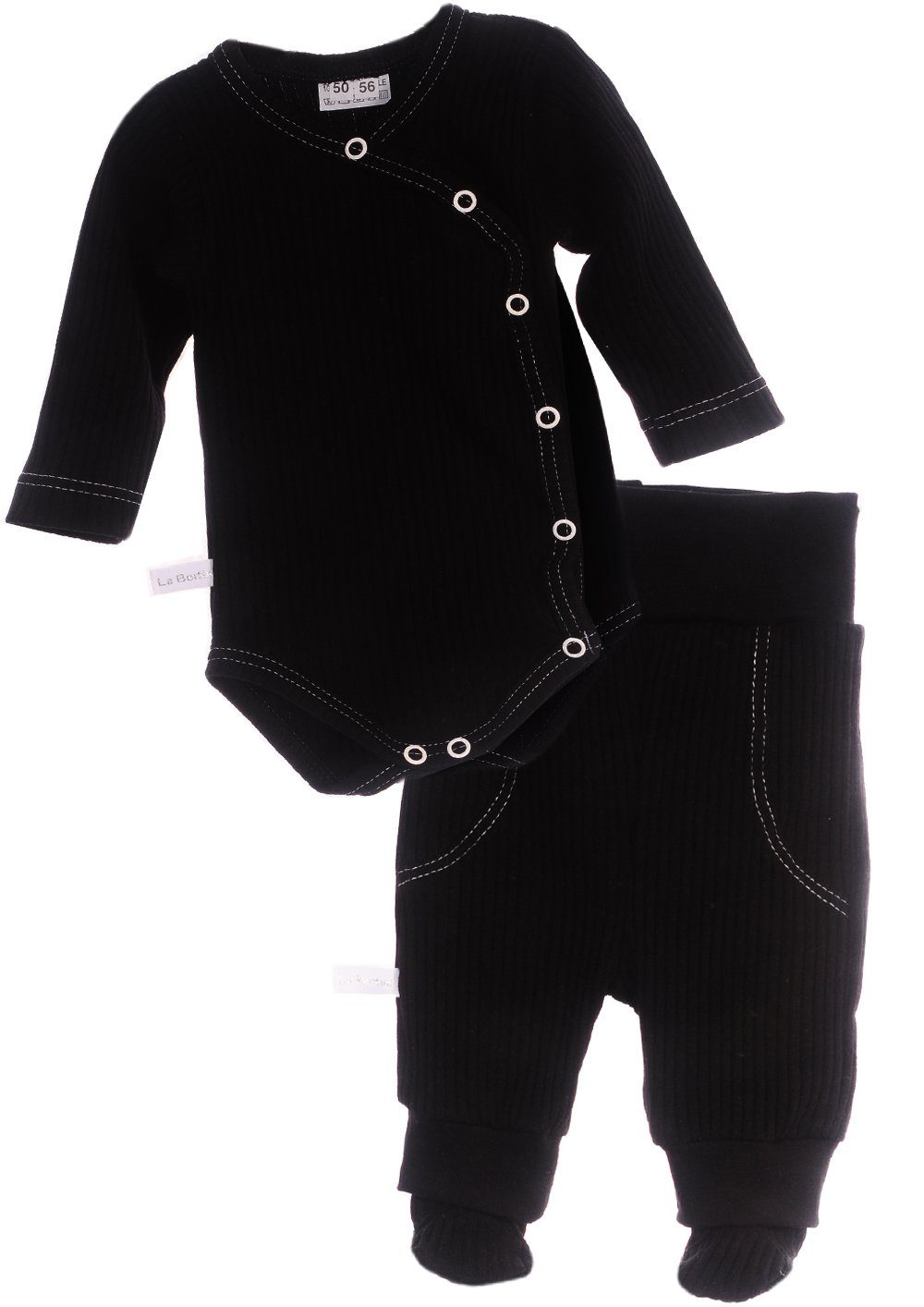 La Bortini Body & Hose Baby Anzug in Schwarz gerippt Wickelbody und Schlupfhose elastisch, 44 50 56 62 68 74 80