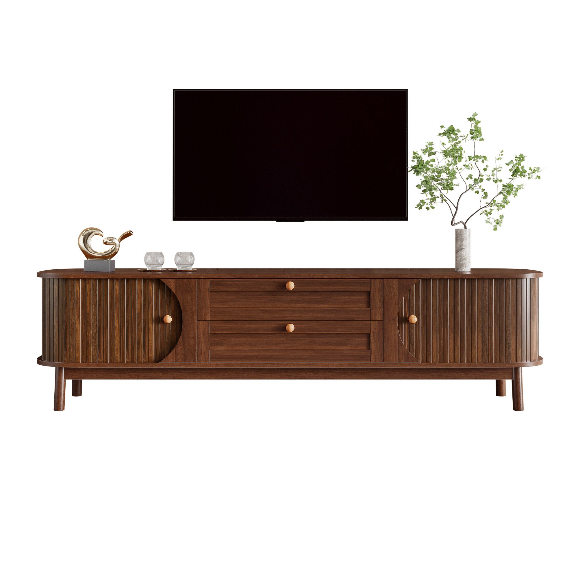 Merax TV-Schrank in Holzoptik mit Lamellentüren & abgerundeten Ecken (1-St) TV-Lowboard mit 2 Schubladen,2 Schiebetüren & Holzbeinen,170x39,5x46cm