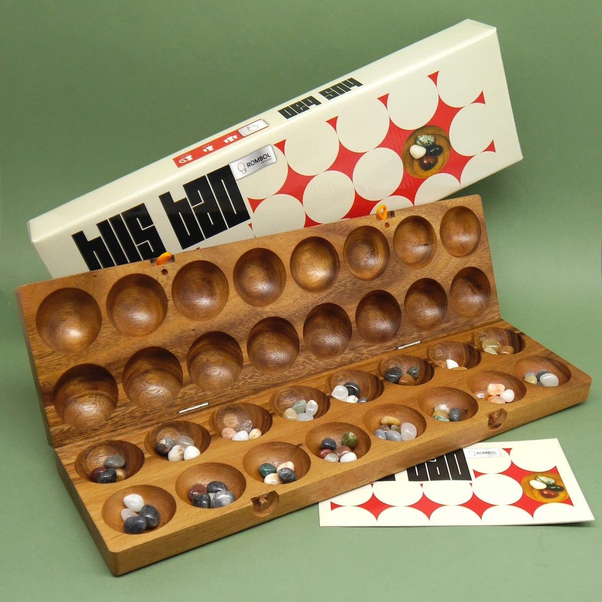ROMBOL Denkspiele Spiel HUS BAO - hochwertiges Steinchenspiel inkl. Halbedelsteinen, Strategiespiel, Holzspiel